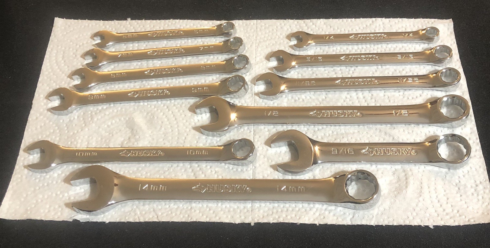 HUSKY BOX END COMBINATION WRENCH SET 14,10,9,8,7,6MM-9/16,1/2,11/32,5/16,1/4”