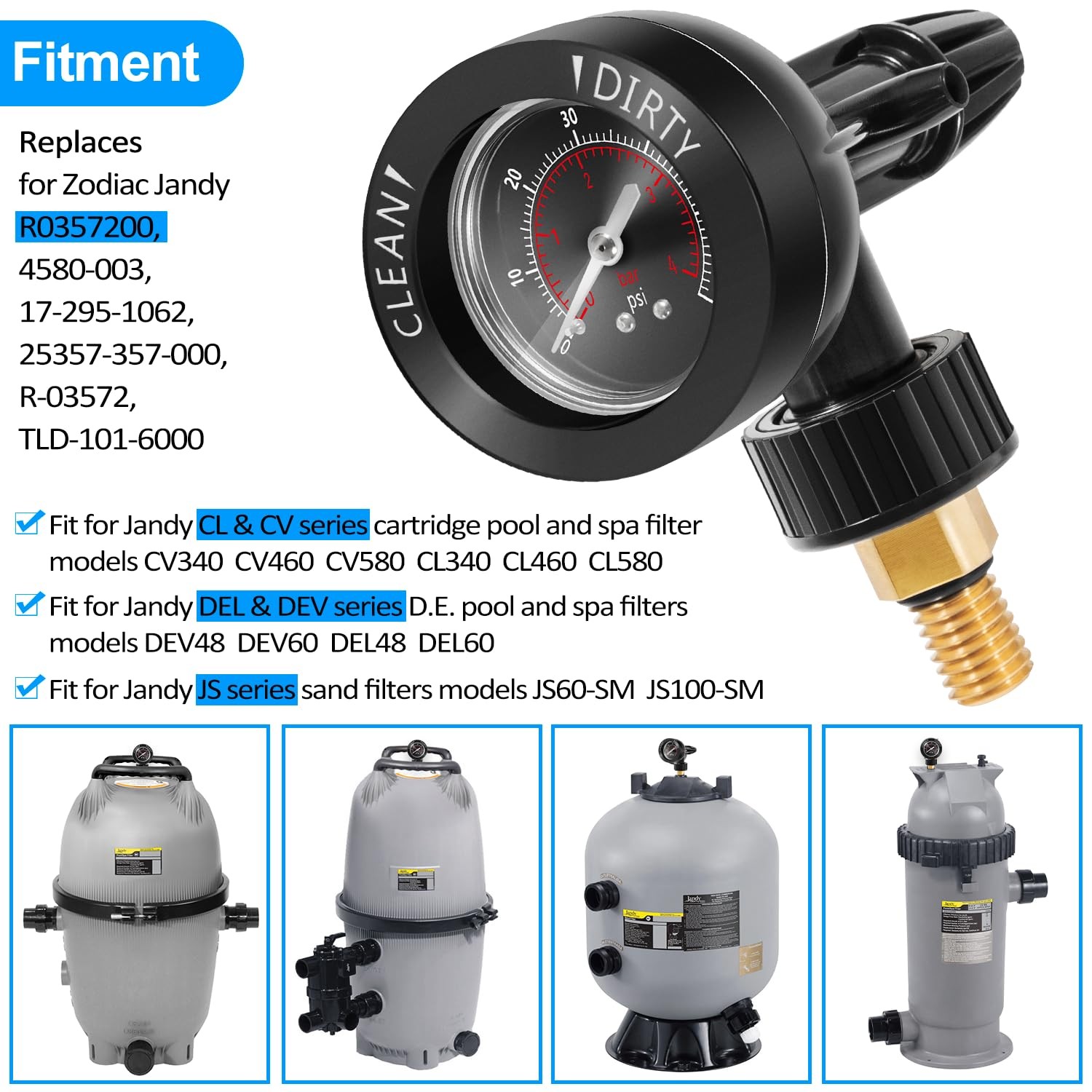 R0357200 Brass Air Relief Valve w Pressure Gauge For Zodiac Jandy CV DEV DEL JS