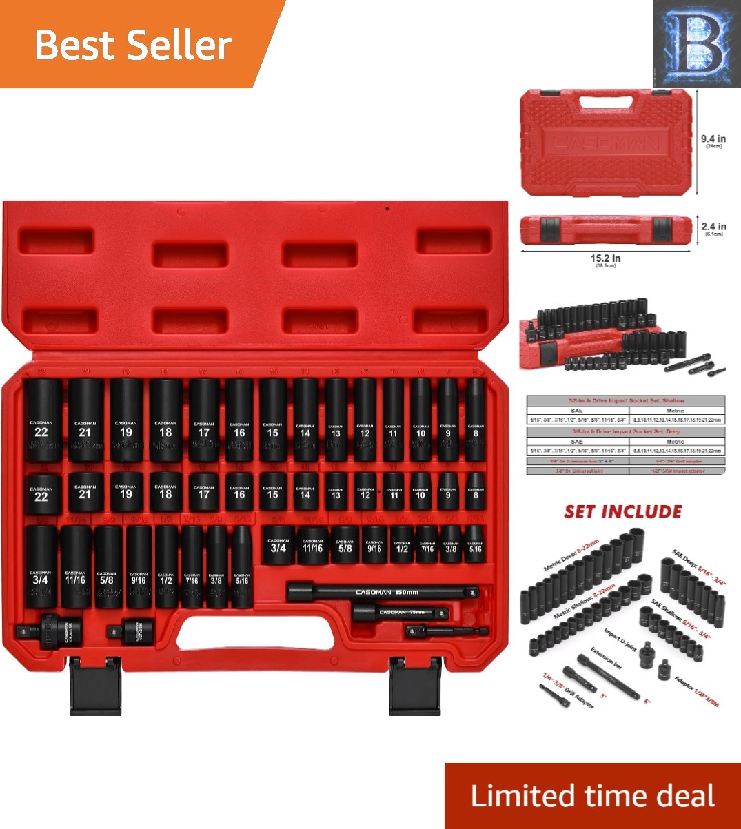 49-Piece 3/8″ Drive Impact Socket Set with Chrome Vanadium Steel & Carrying Case