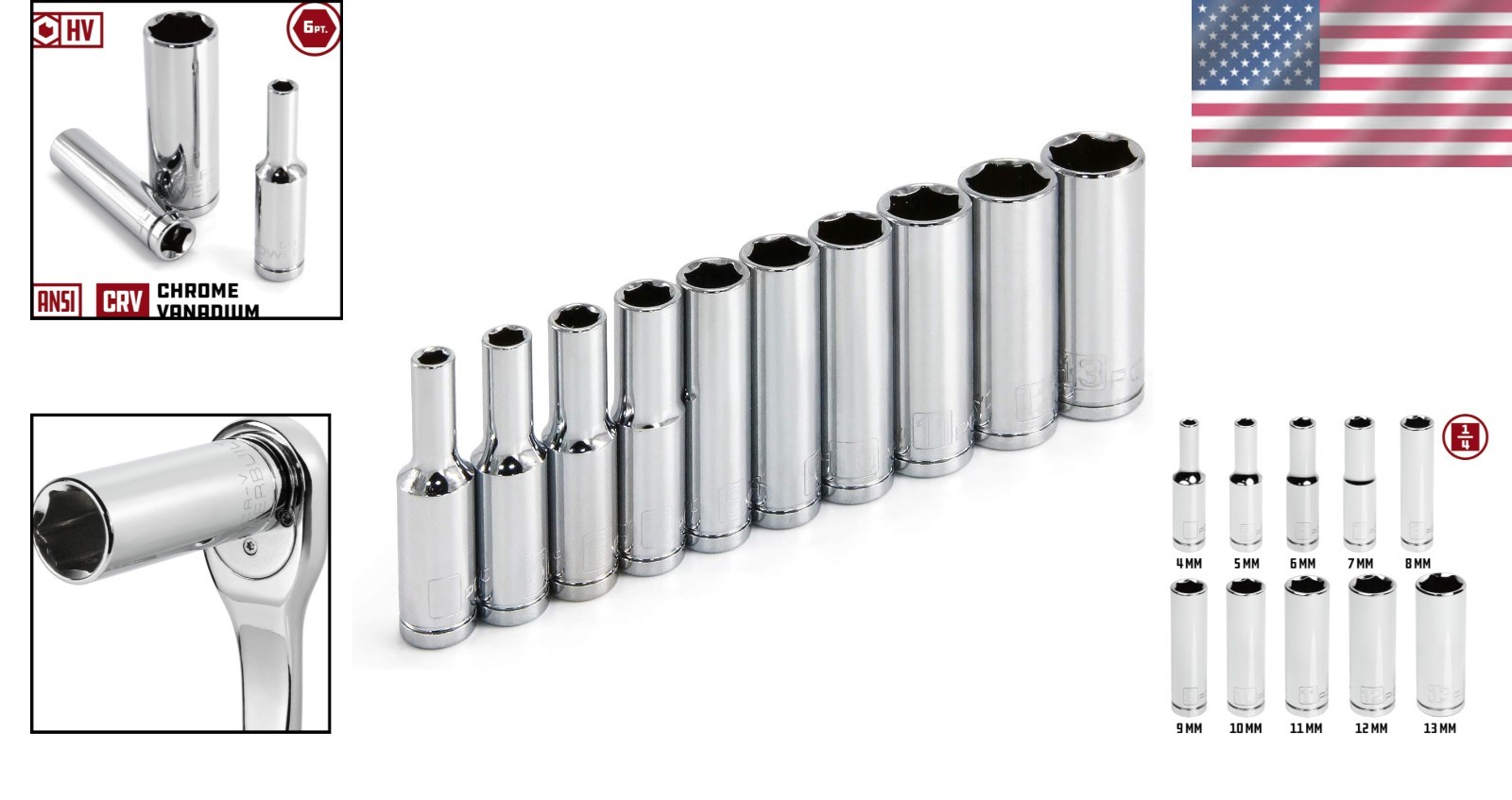 Quality Metric 6 Point Deep Socket Set, 10 Chrome Vanadium Tools – ANSI Approved