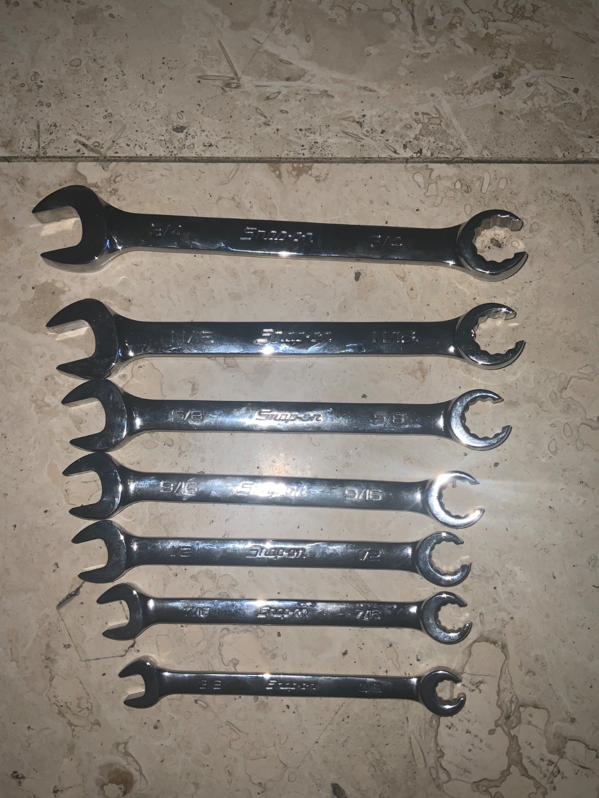 Snap On 7 Piece SAE Open End and 12 Point Flare Nut Line Wrench Set 3/8” – 3/4