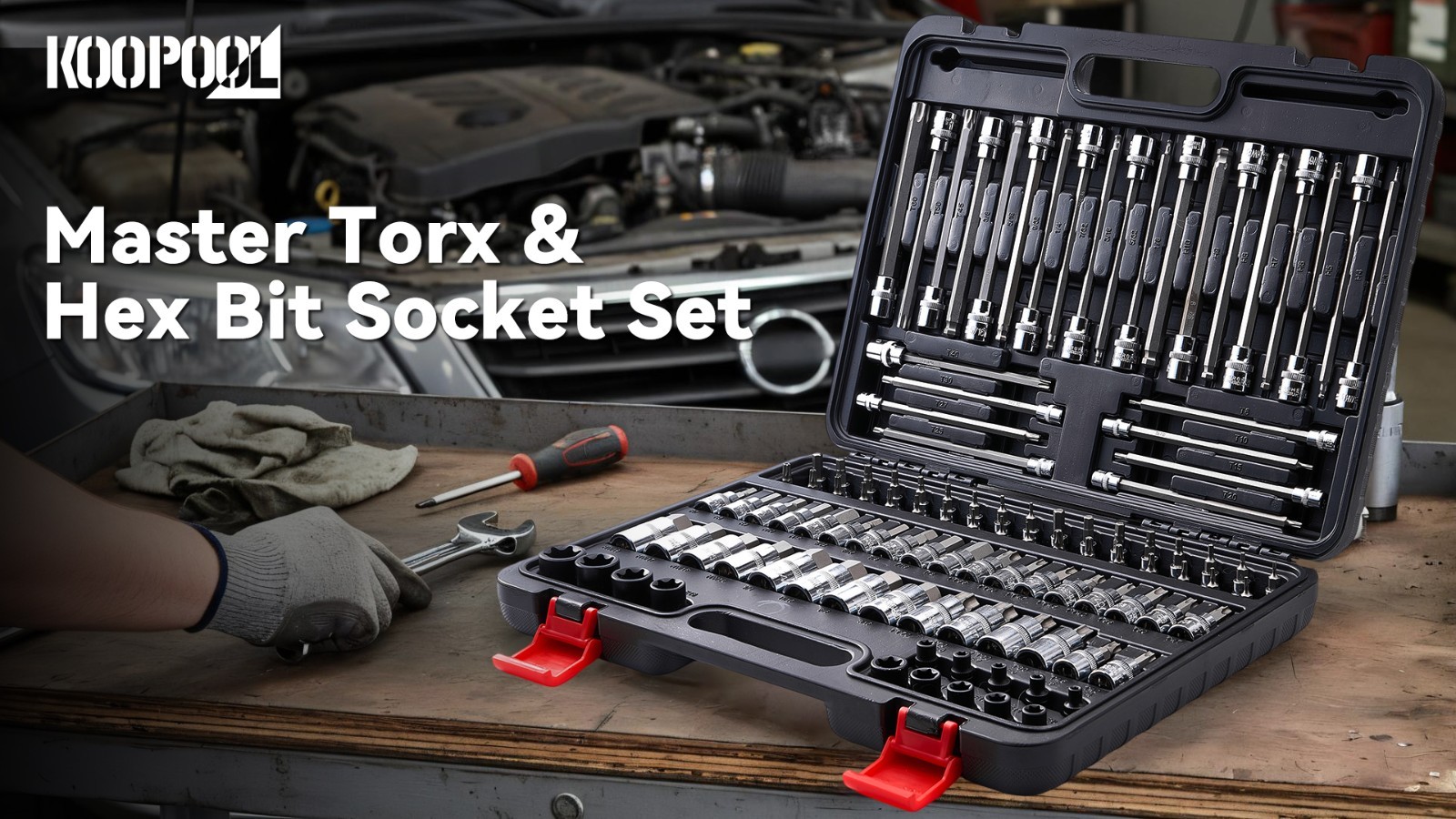 107-Piece Torx & Allen Bit Socket Set, S2 Steel, 1/4″ 3/8″ 1/2″ Drive, Long & Ba