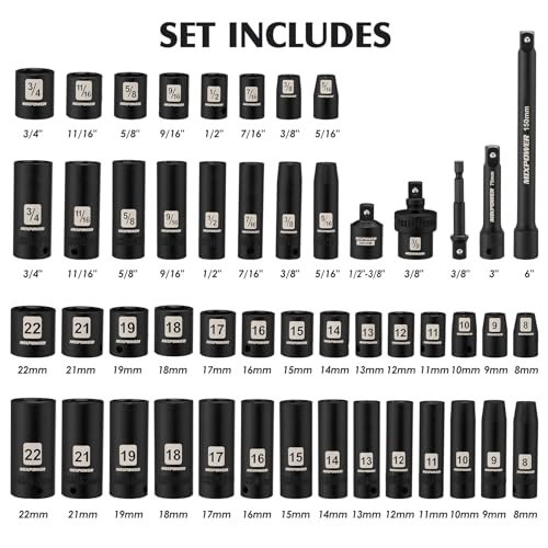 49-Piece 3/8″ Drive Deep Impact Socket Set – SAE & Metric, Cr-V Steel, 6 Point