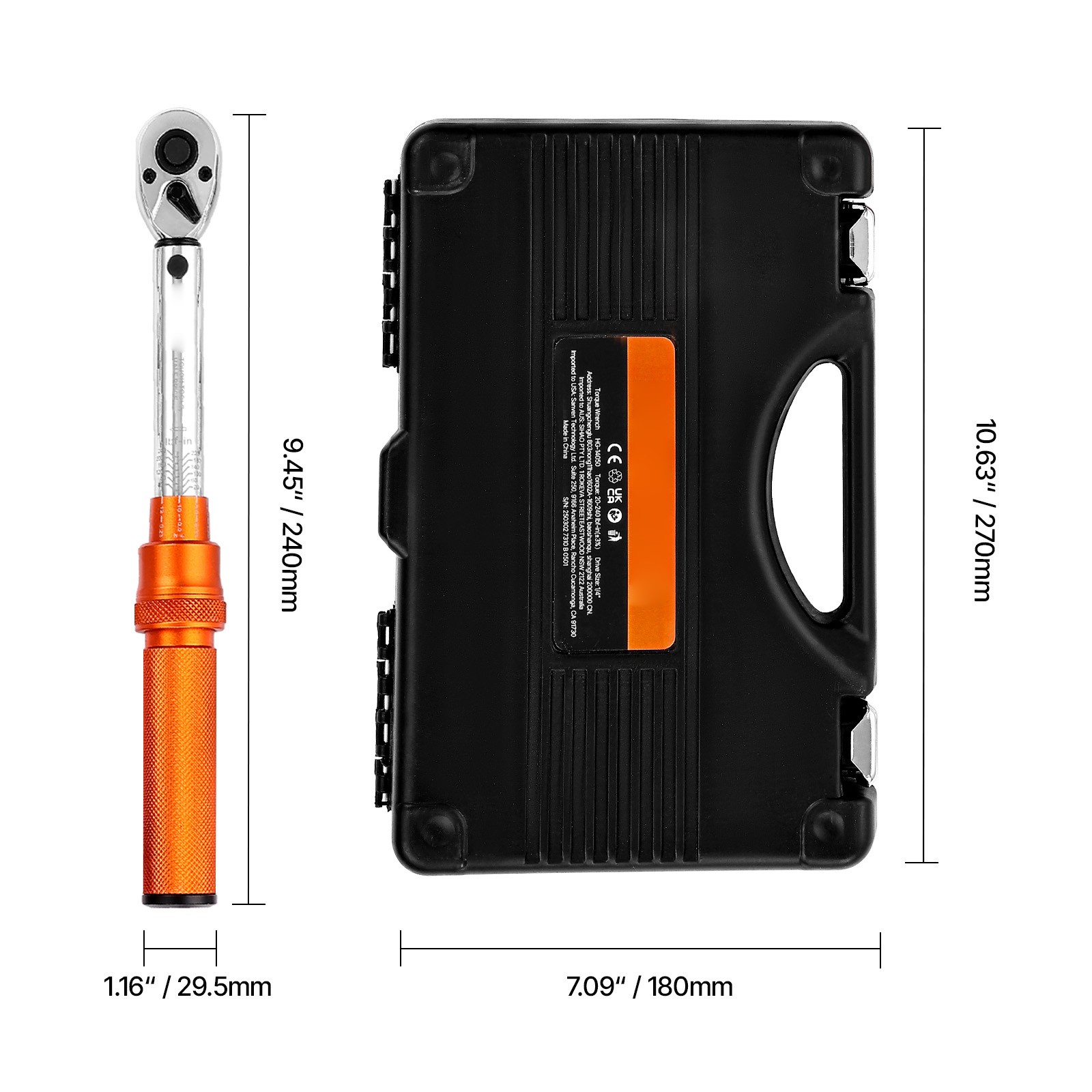 Click Torque Wrench Set 1/4Inch Drive 20-240 lbf-in/2.3-27.1N.m Orange 72-Tooth