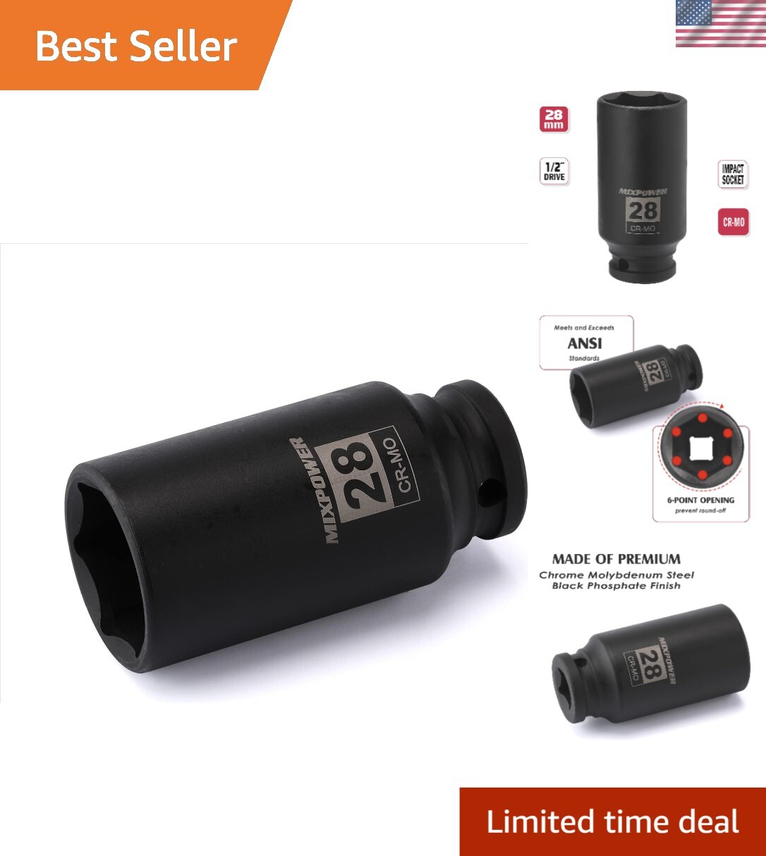 Impact Grade 28mm Deep Socket – 1/2″ Drive, Chrome Molybdenum, ANSI Compliant