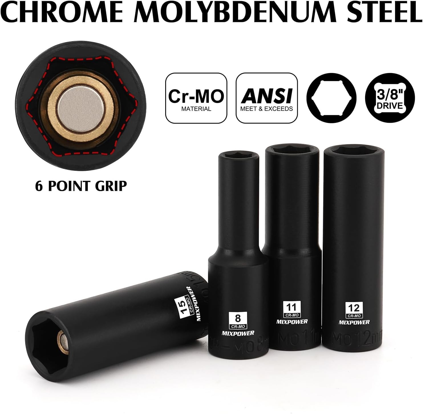 Magnetic 3/8″ Drive Impact Socket Set – 13PC, Chrome Molybdenum Steel, 6 Point