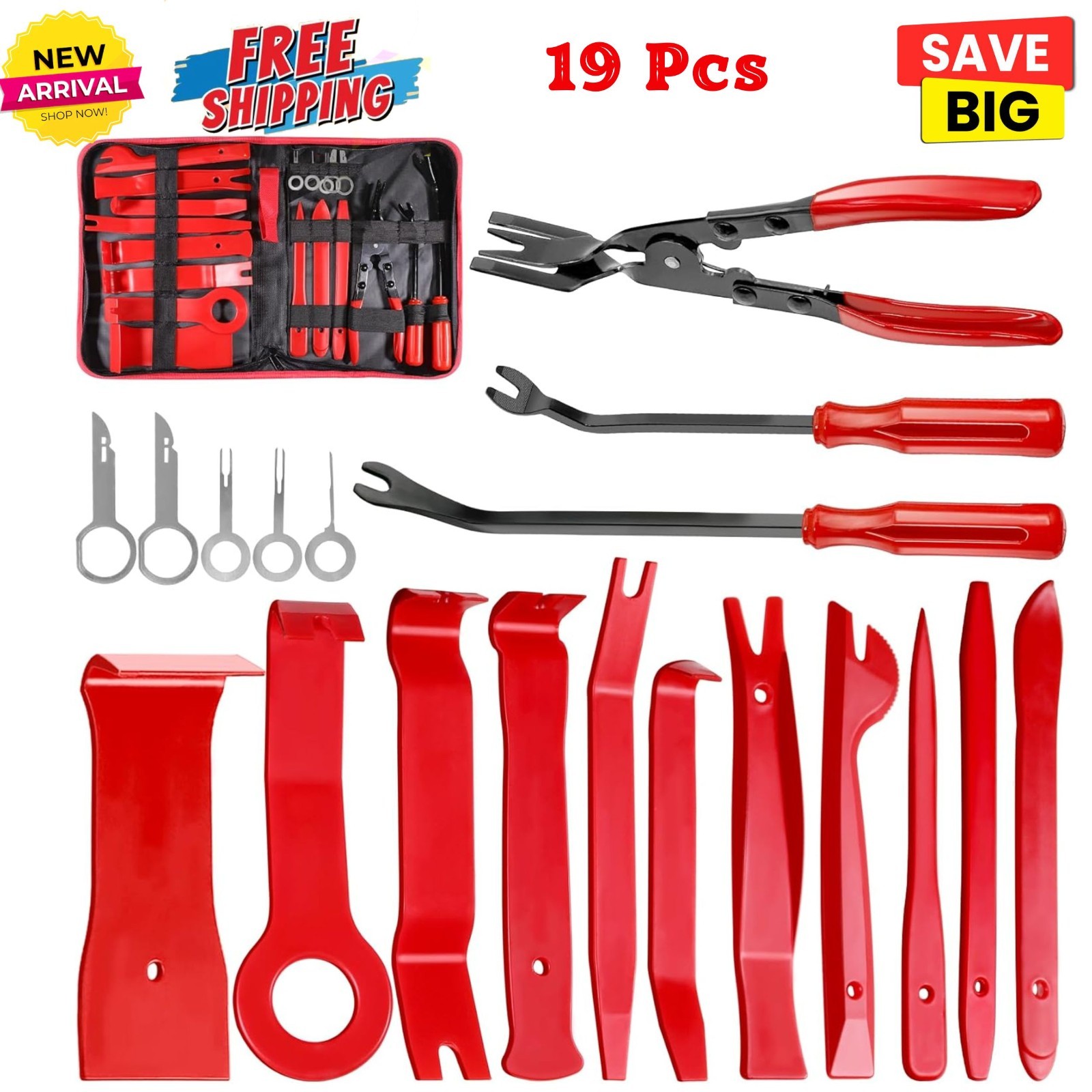 19Pcs Car Trim Panel Removal Tool, Auto Clip Pliers Fastener Remover Set w/ Bag