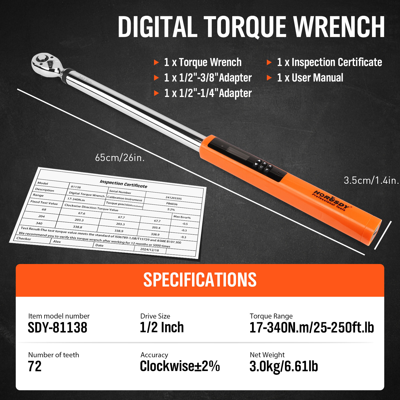 1/2″ Digital Ratchets Torque Wrench 1/4 & 3/8 Adapter Kit Reversible 25-250ft.lb