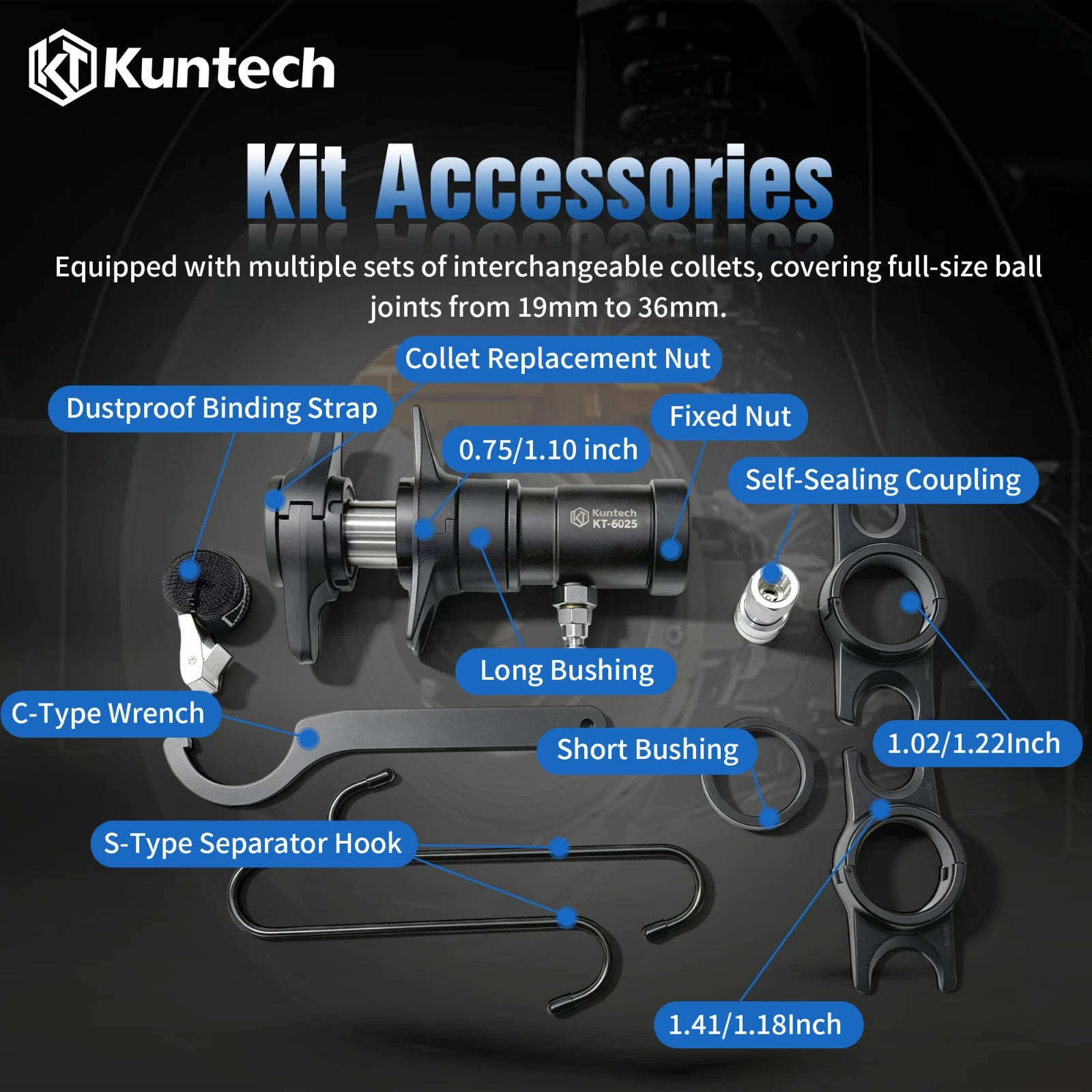Kuntech Pneumatic Hydraulic Ball Head Removal Tool 19/28 26/32 30/36mm Universal