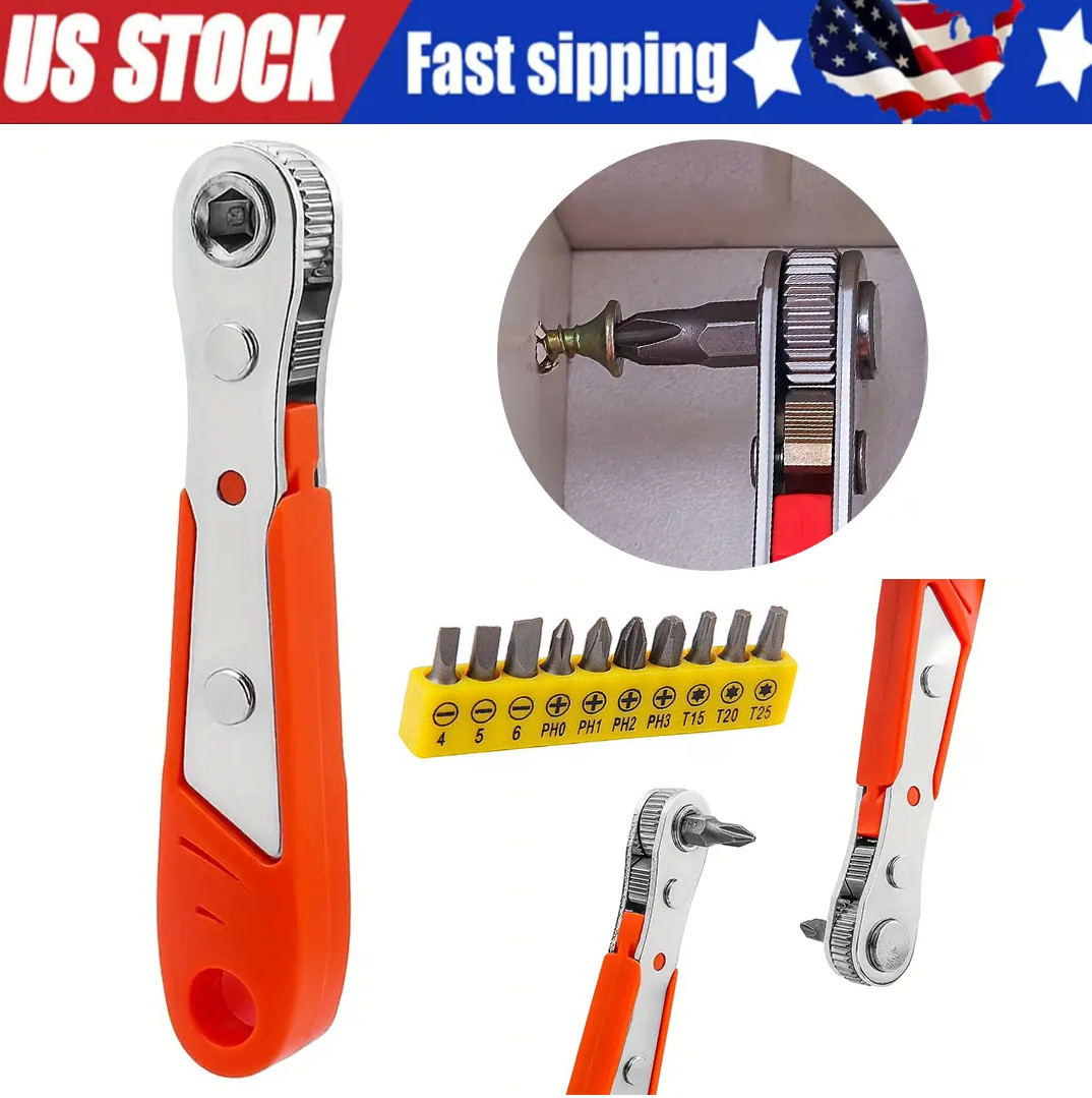 Ratcheting Right Angle Screwdriver Hex Drive 90 Degree Offset + 10pc Bits Set!