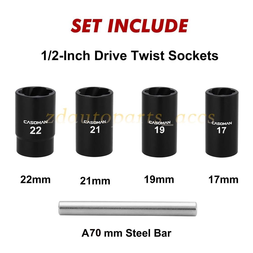 ABN Twist Socket Set Lug Nut Remover Extractor Tool- 5PC 1/2″Dr.Twist Socket Set