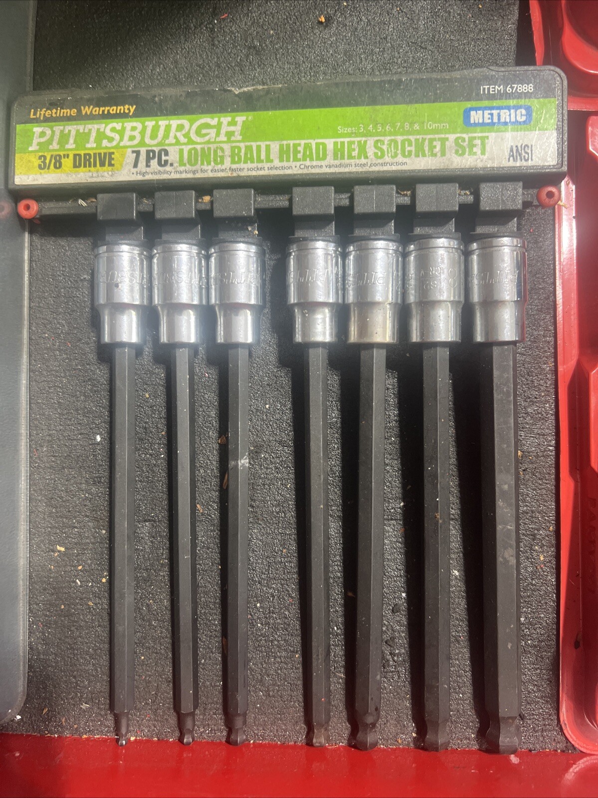 Pittsburg 3/8 Drive 7 Piece Long Ball Head Hex Socket Set Item 67888