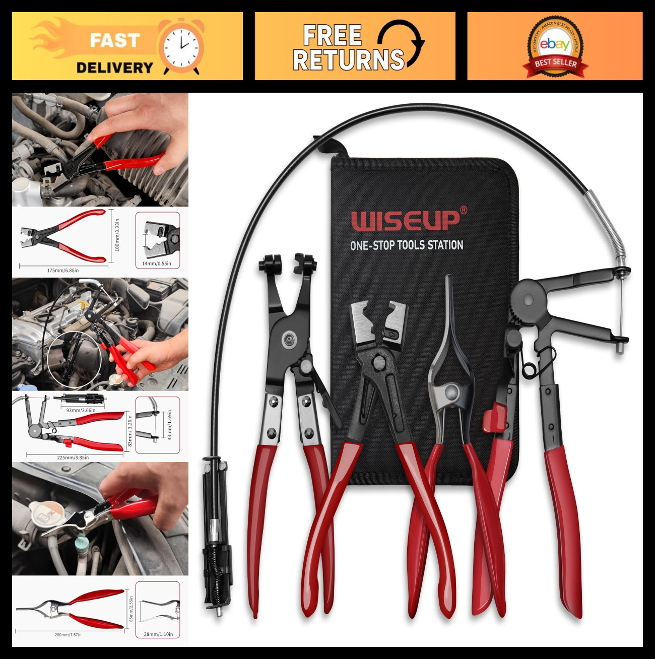 4PCS Hose Clamp Pliers Set – Long Reach Wire Spring, Clic-R, Hose Remover & Flat