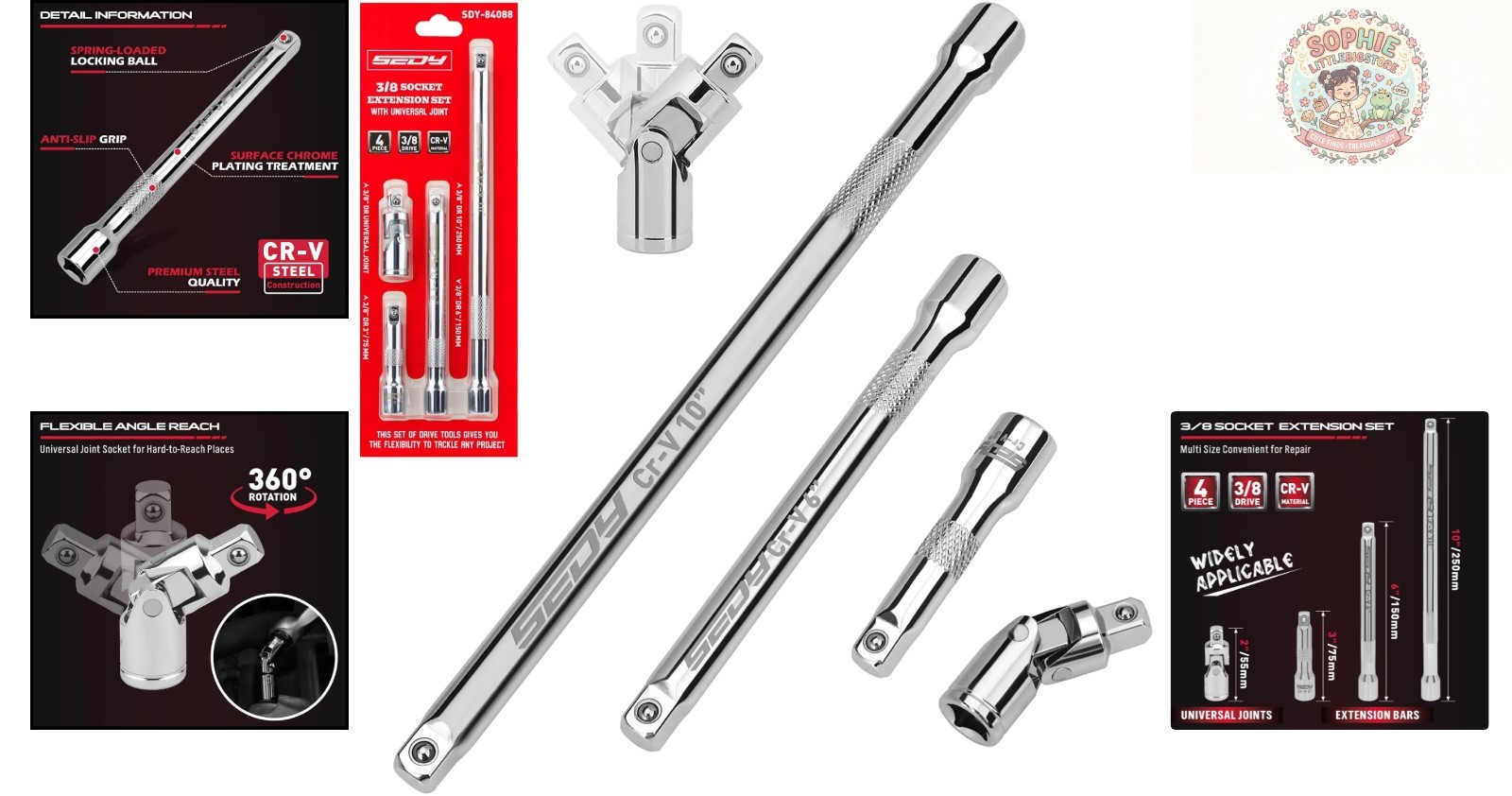 Durable 4-Piece Chrome Vanadium 3/8″ Drive Socket Extension Set – Anti-Slip Grip