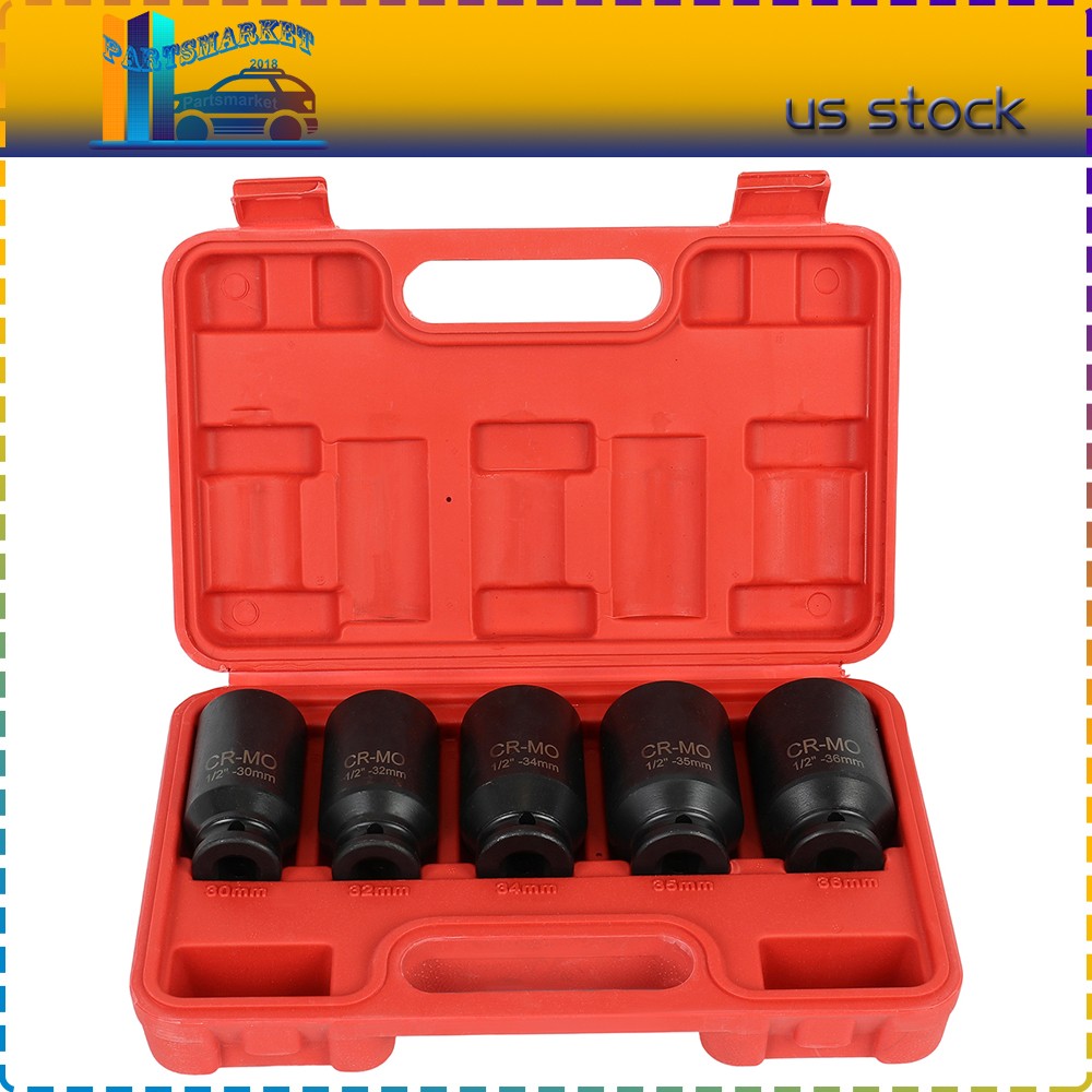 1/2» Deep Spindle Axle Nut Socket Set 12 Point 30mm 32mm 34mm 35mm 36mm 5pcs