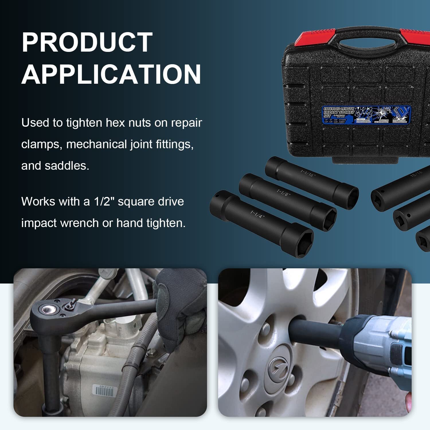 1/2 Inch Drive Extended Length Impact Socket Set 6 Piece With Storage Case