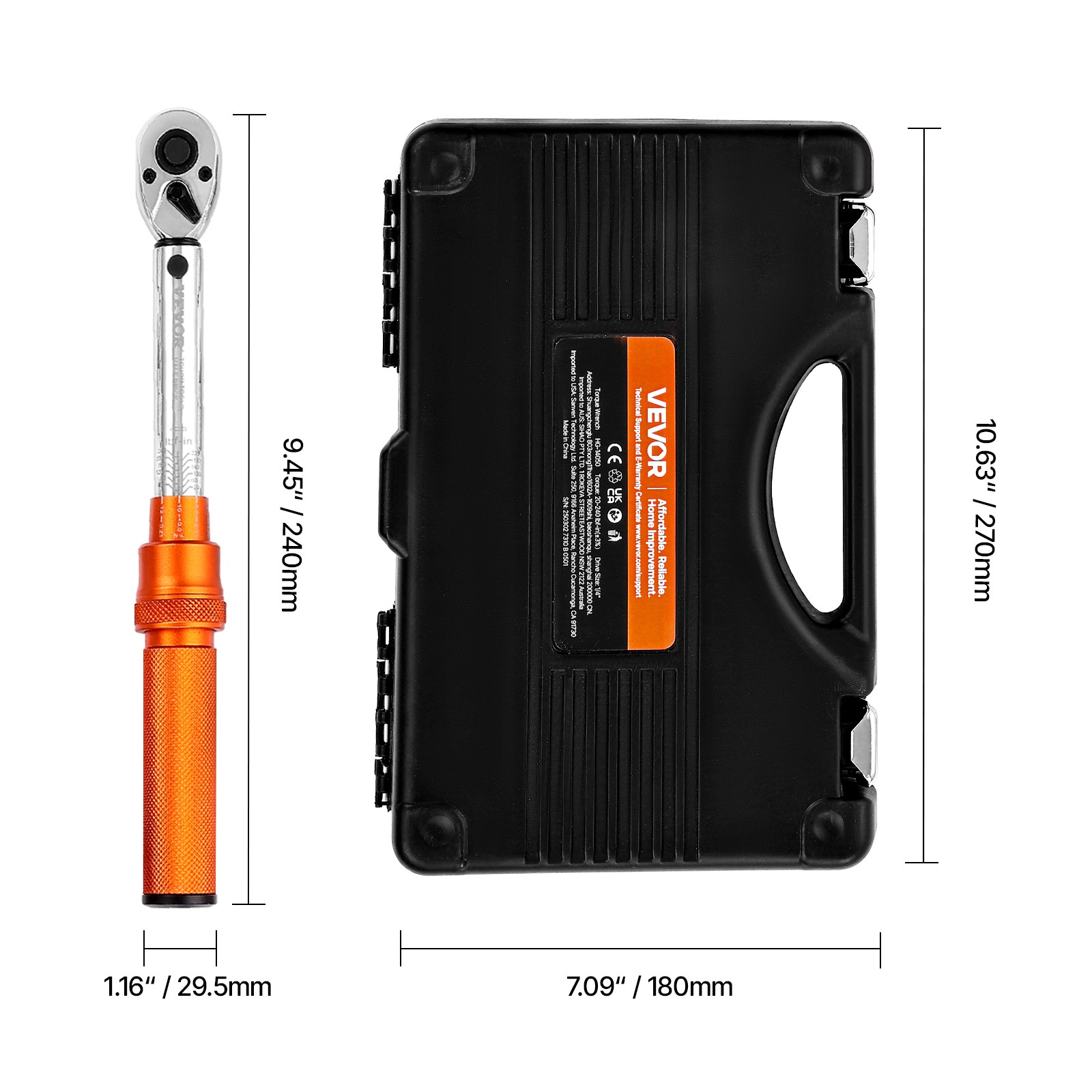 VEVOR Click Torque Wrench Set 1/4Inch Drive 20-240 lbf-in/2.3-27.1N.m Orange