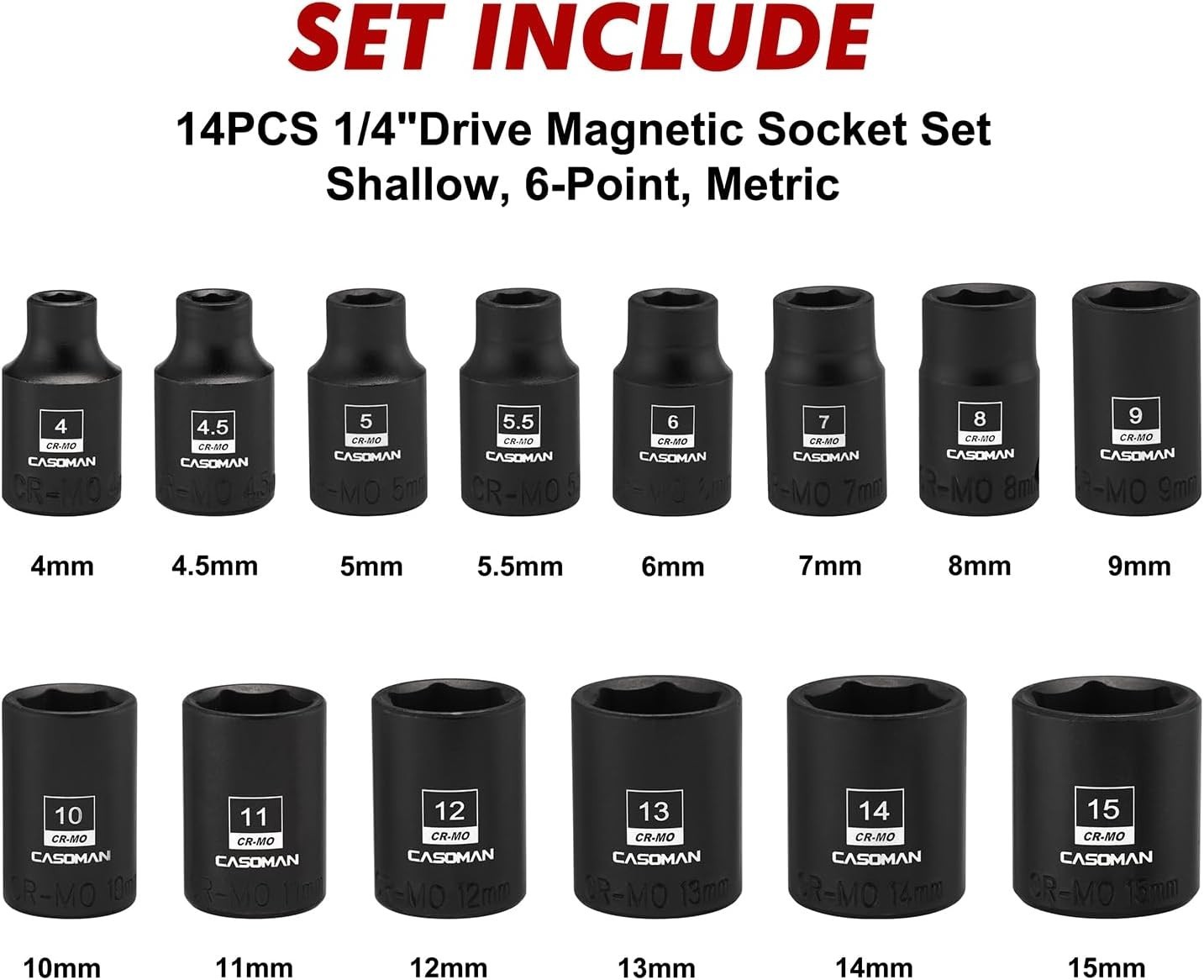 14PC 1/4″ Drive Magnetic Impact Socket Set Metric CR-MO Steel 4mm-15mm CASOMAN