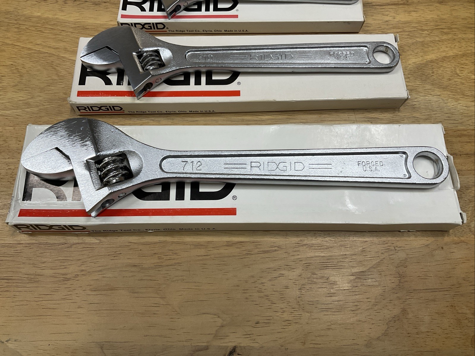 Vintage NOS Ridge Tool Co Ridgid 3 Pc Adjustable Wrench Set 8″ 10″ 12″ USA