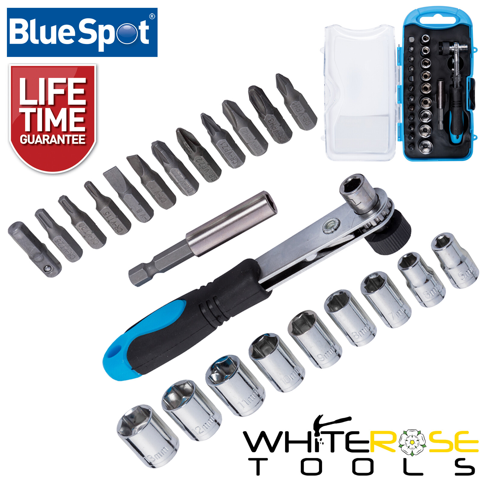 BlueSpot Screwdriver Bits 1/4″ Drive Socket Set Offset Ratchet Handle 23pc