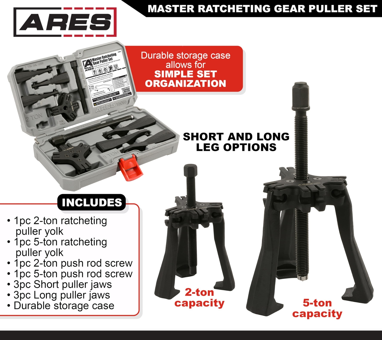 ARES 15095 – Master Ratcheting Gear Puller Set – Premium Chrome Moly