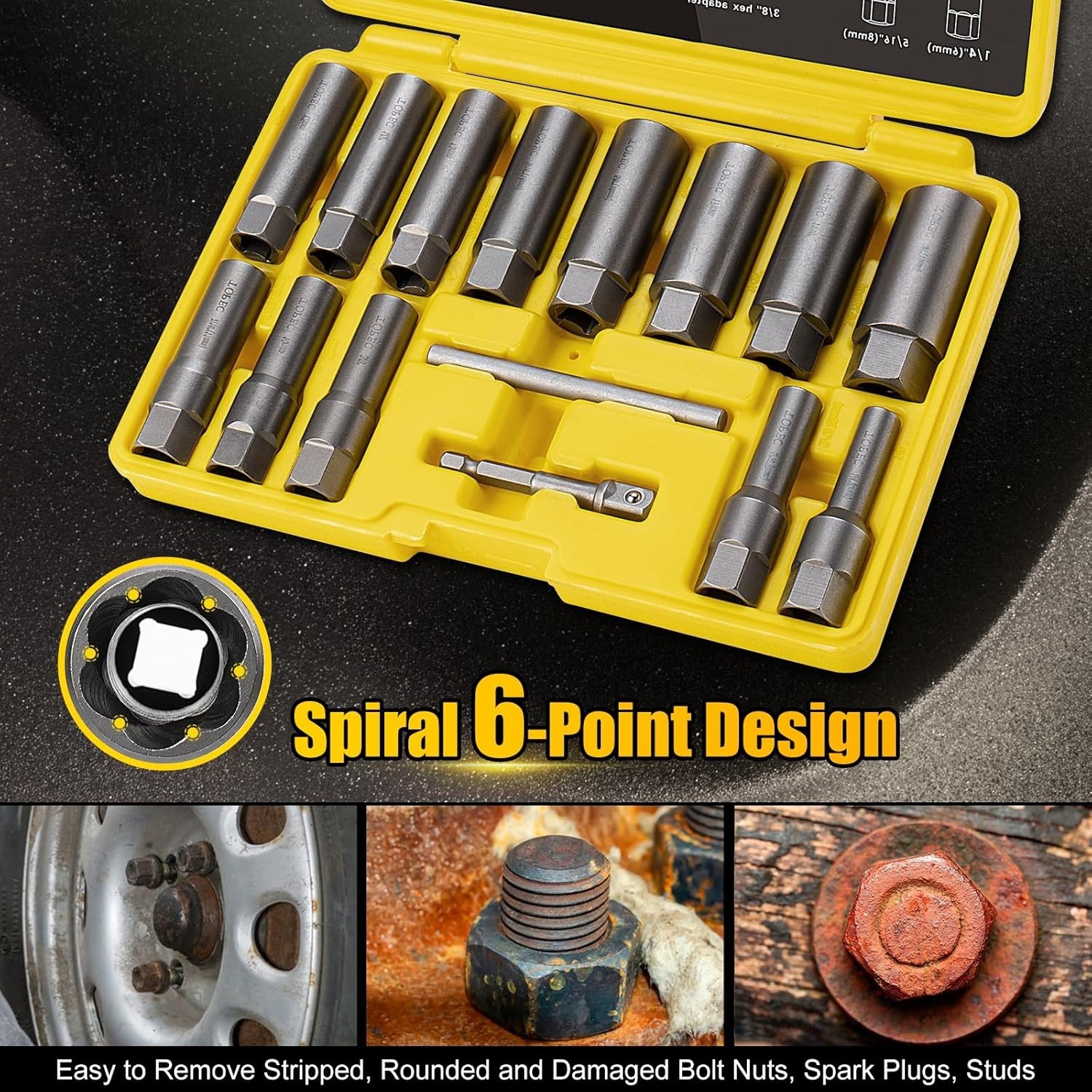 15PCS Deep Bolt Extractor Kit, 6mm-19mm Nut Extractor Socket Set, 3/8″ Drive Rou