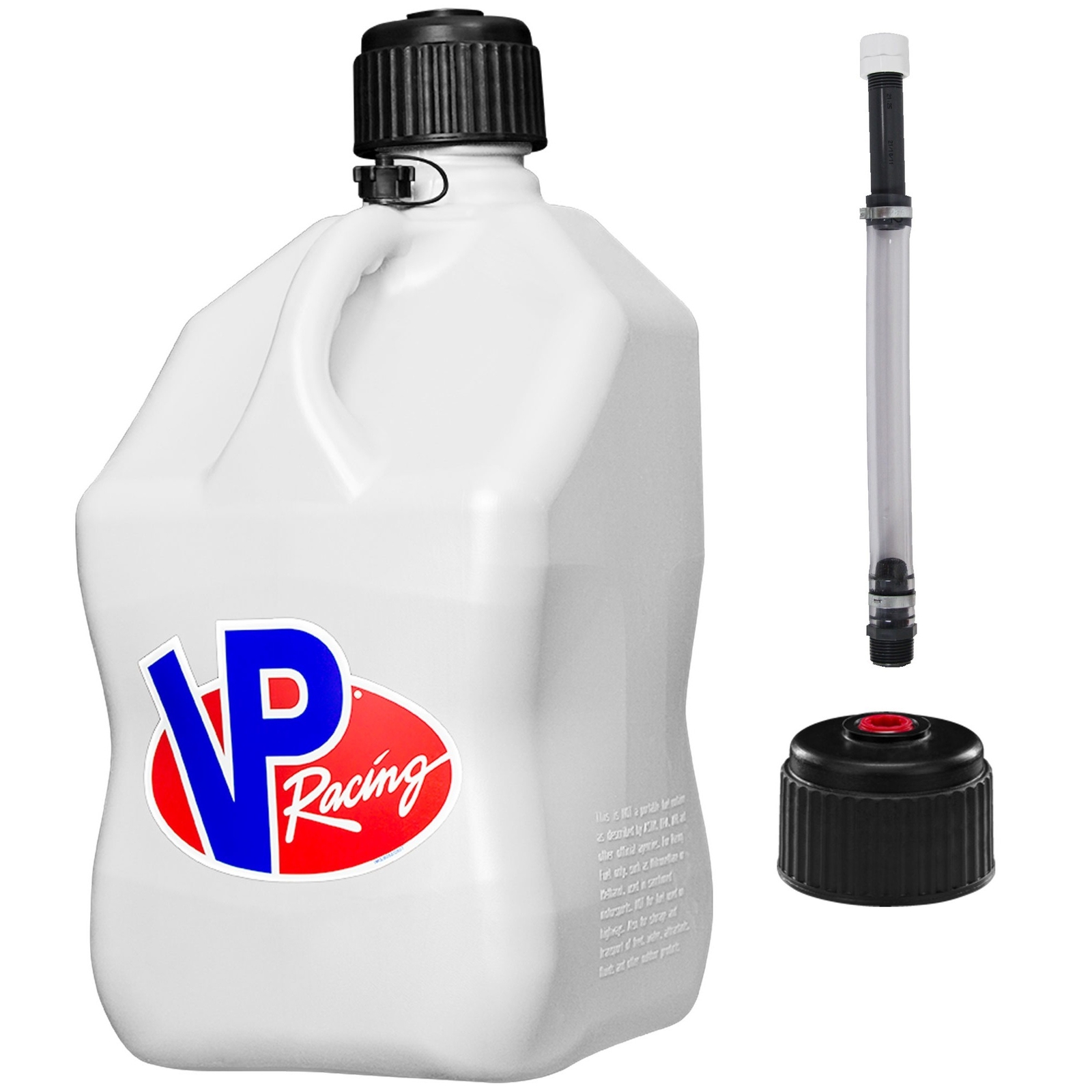 VP Racing Square Fuel Jug 5 Gallon White – With Spare Cap and Filler Hose