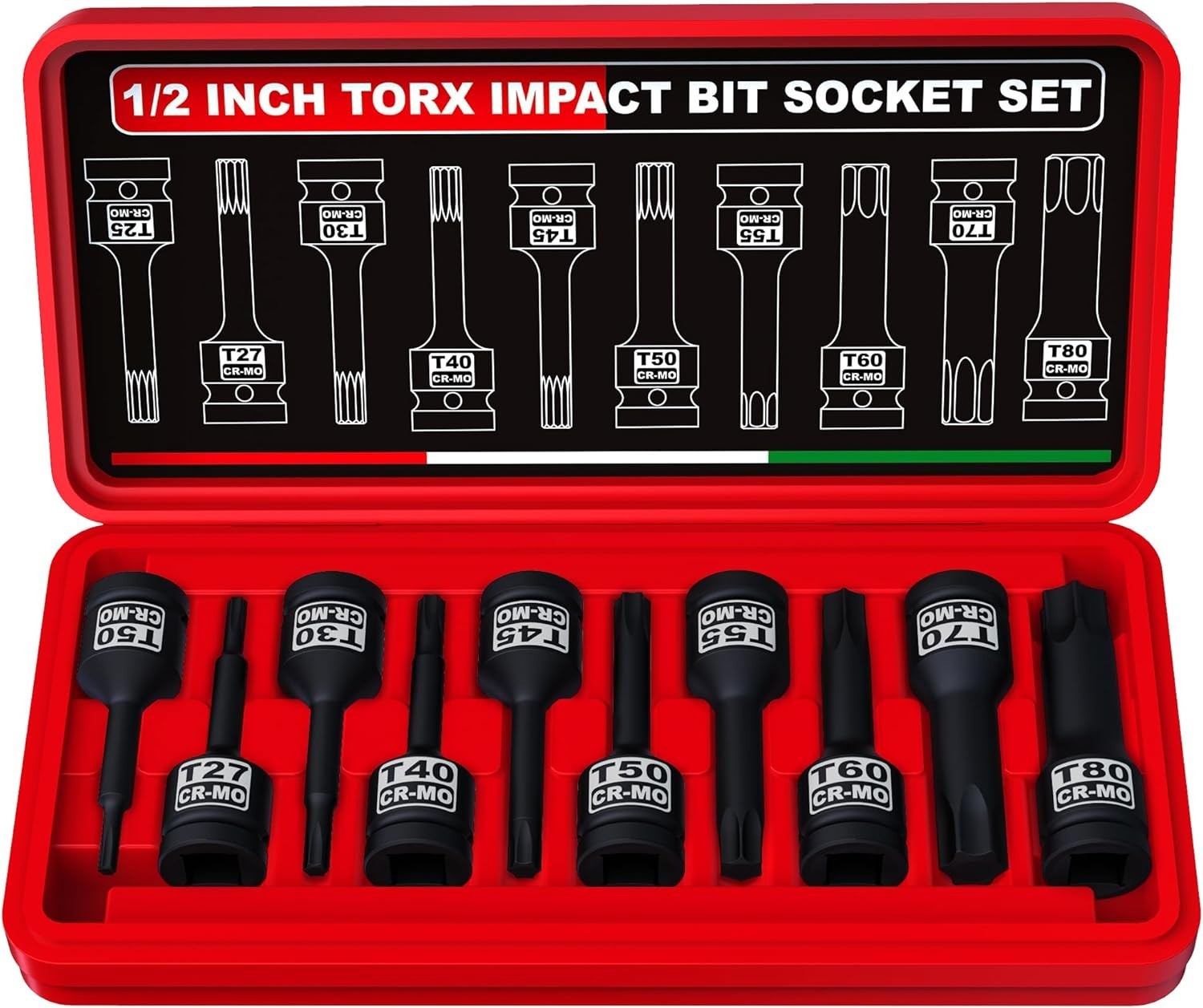 1/2″ Drive Master Impact Torx Bit Socket Set, 10-Pieces: T25 – T80, Cr-Mo Steel