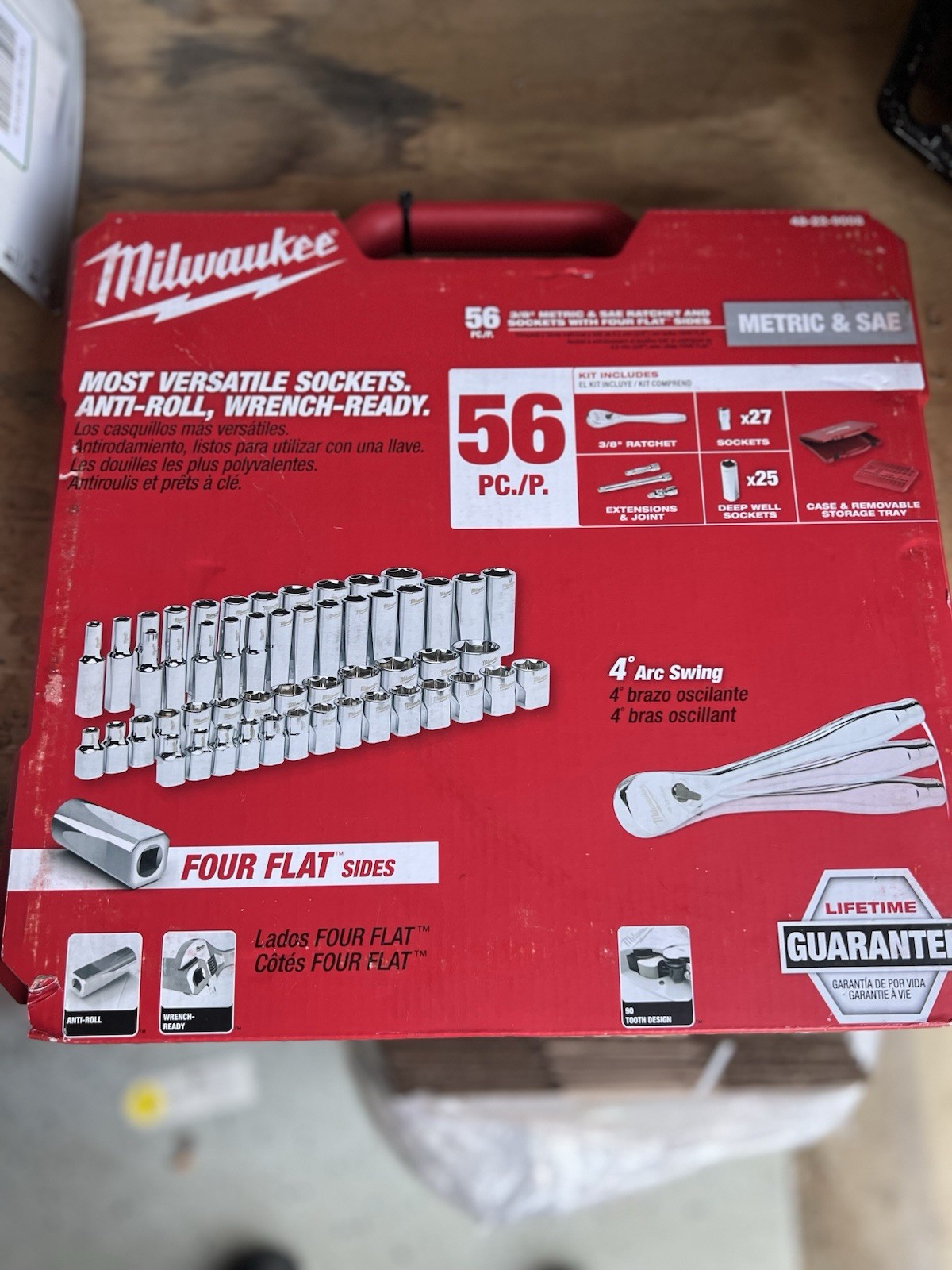 [NEW] (48-22-9008) Milwaukee 3/8″ Drive 56pc Ratchet & Socket Set with FOUR FLAT