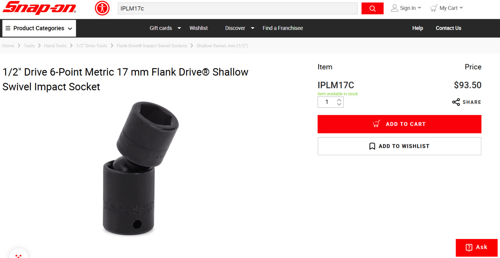 Snap On 1/2 Drive 6 Point Metric 17mm Flank Drive Shallow Impact Socket IPLM17C