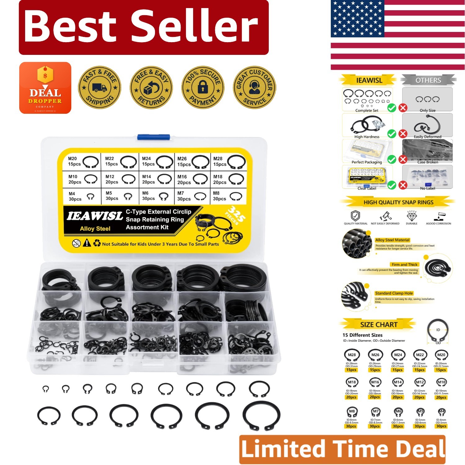 Versatile 325Pcs Circlip and C-Clip Set for Automotive and Machinery Use