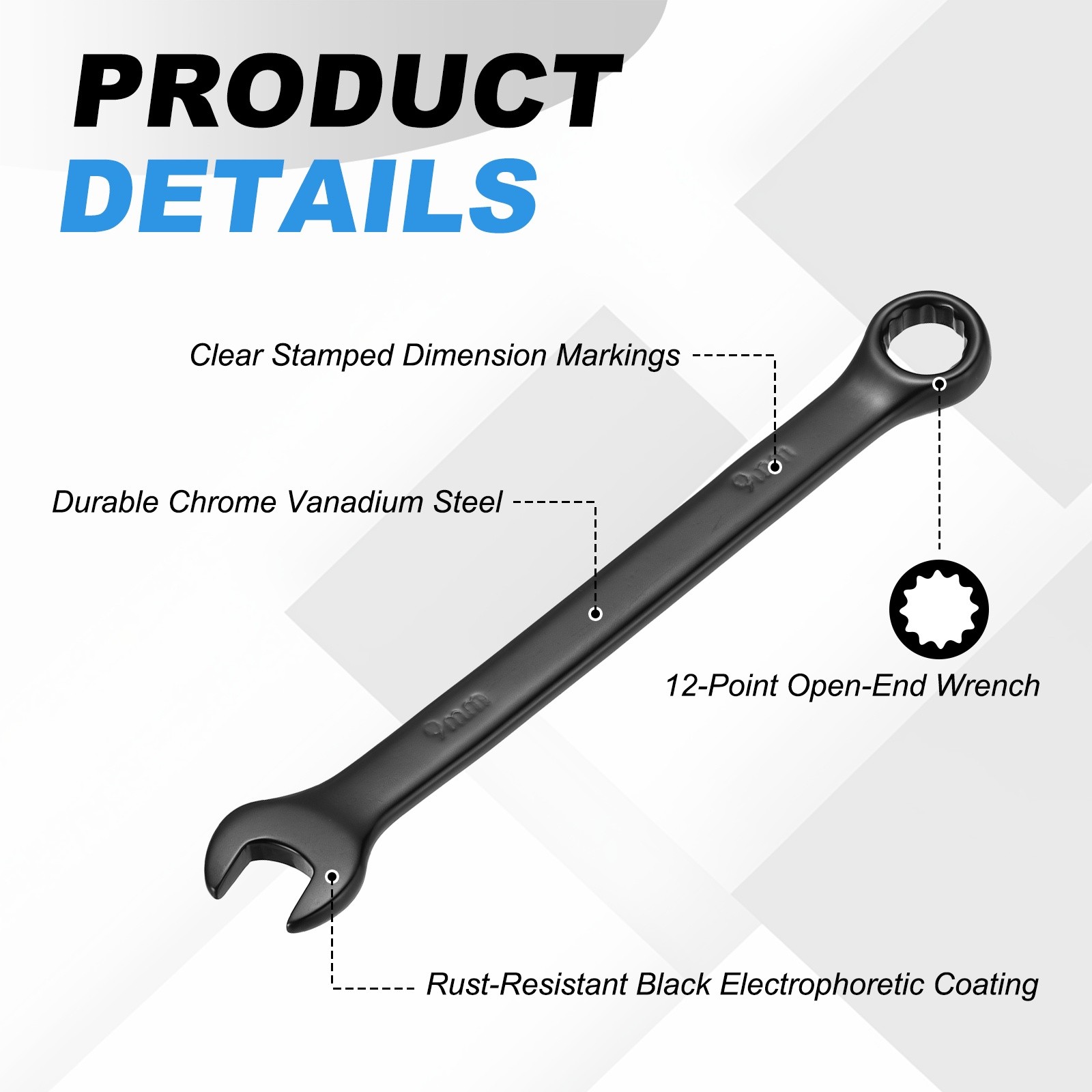 9mm Metric Combination Wrench, | Black CR-V Steel, 2-Pieces