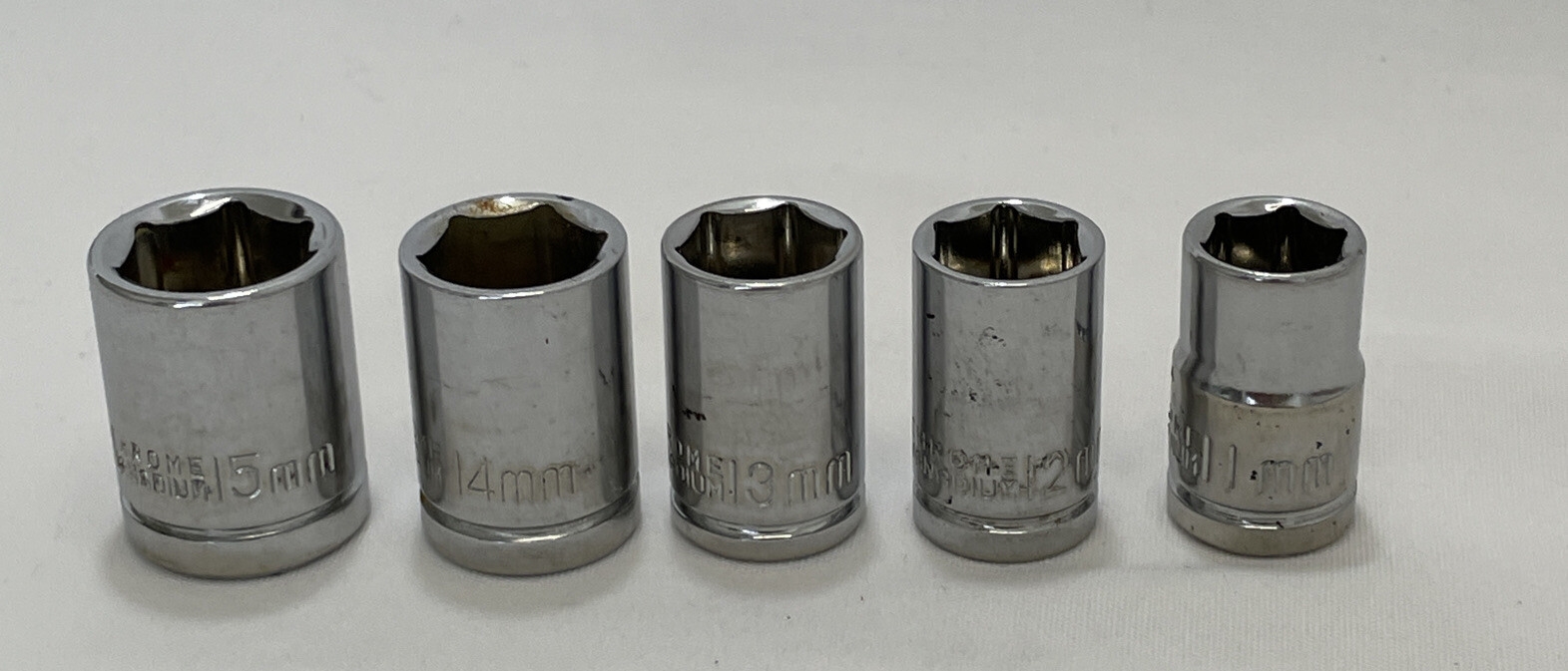 Vintage Chrome Vanadium 3/8”Drive Metric ￼15mm,14mm,13mm,12mm,11mm Lot Of 5