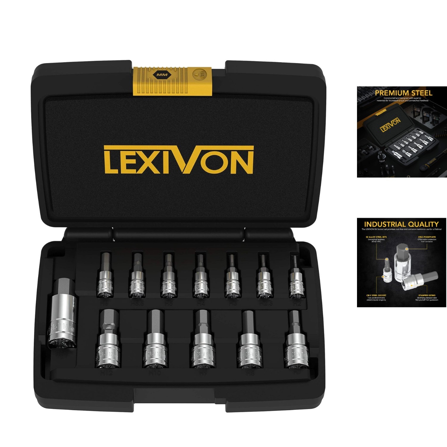 Lexivon 13-Piece Hex Bit Socket Set – S2 Steel, 2mm-14mm | Polished Case