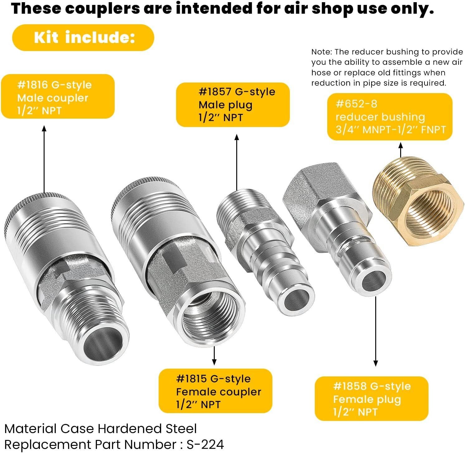 5 piece 1/2-Inch NPT G Style Coupler Plug and Air hose Reducer Bushing Kit S-224