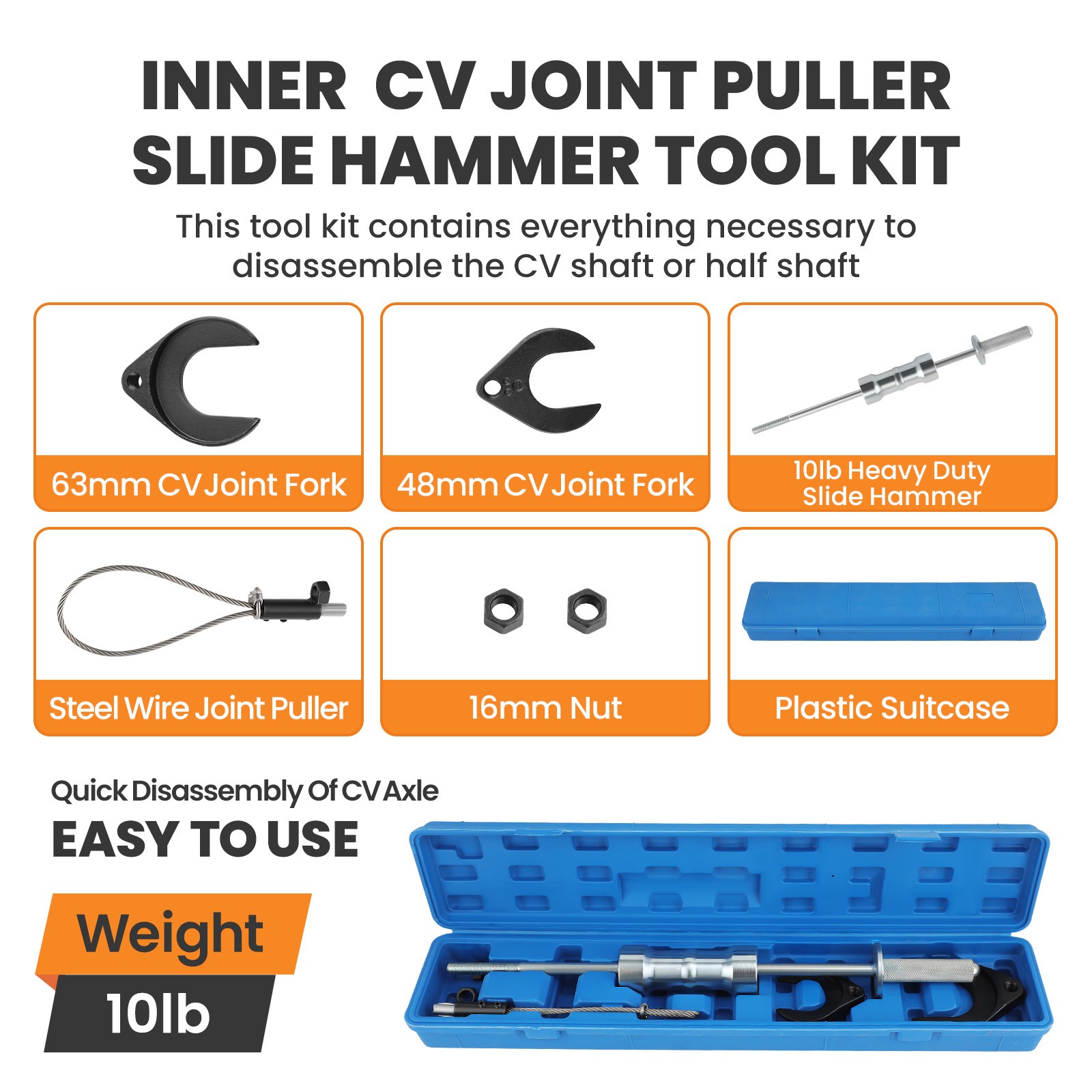 Inner CV Axle Puller Removal Tool Slide Hammer 48&63mm CV Joint Fork Adapter