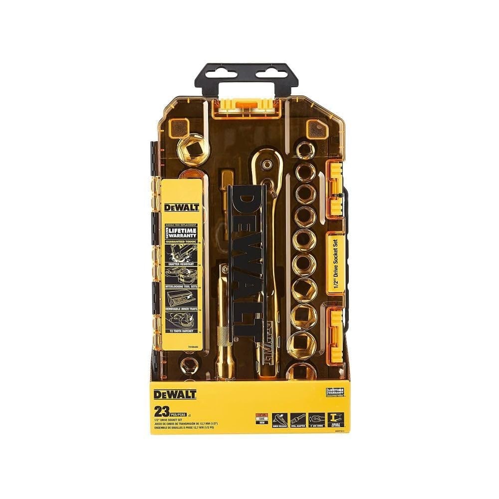 23 Piece Socket Set 1/2 Drive SAE Metric 72 Tooth Ratchet Lockable Case Tool Kit