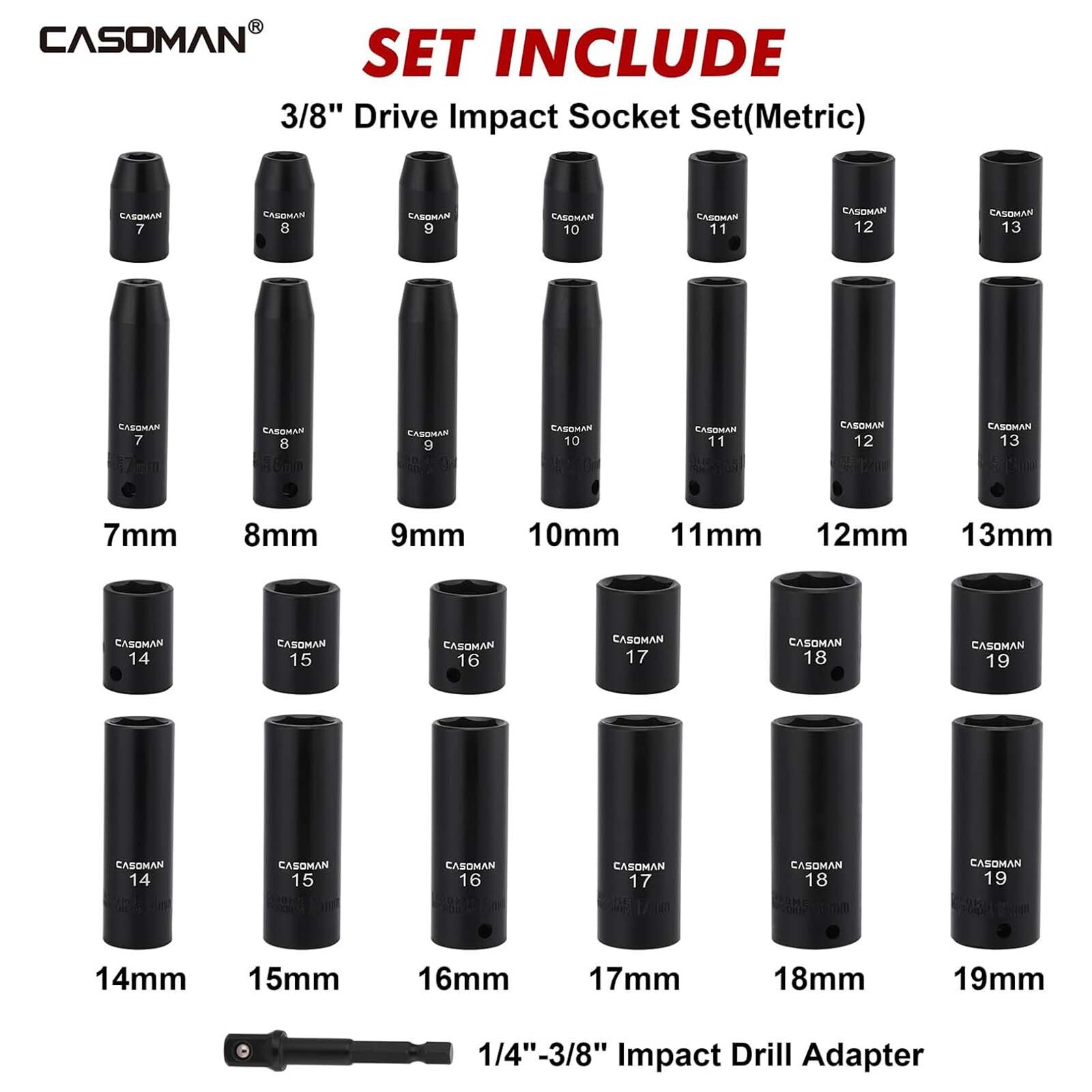 27 PCS 3/8″ Drive Impact Socket Set Deep&Shallow Metric 7mm-19mm 6 Point CR-V