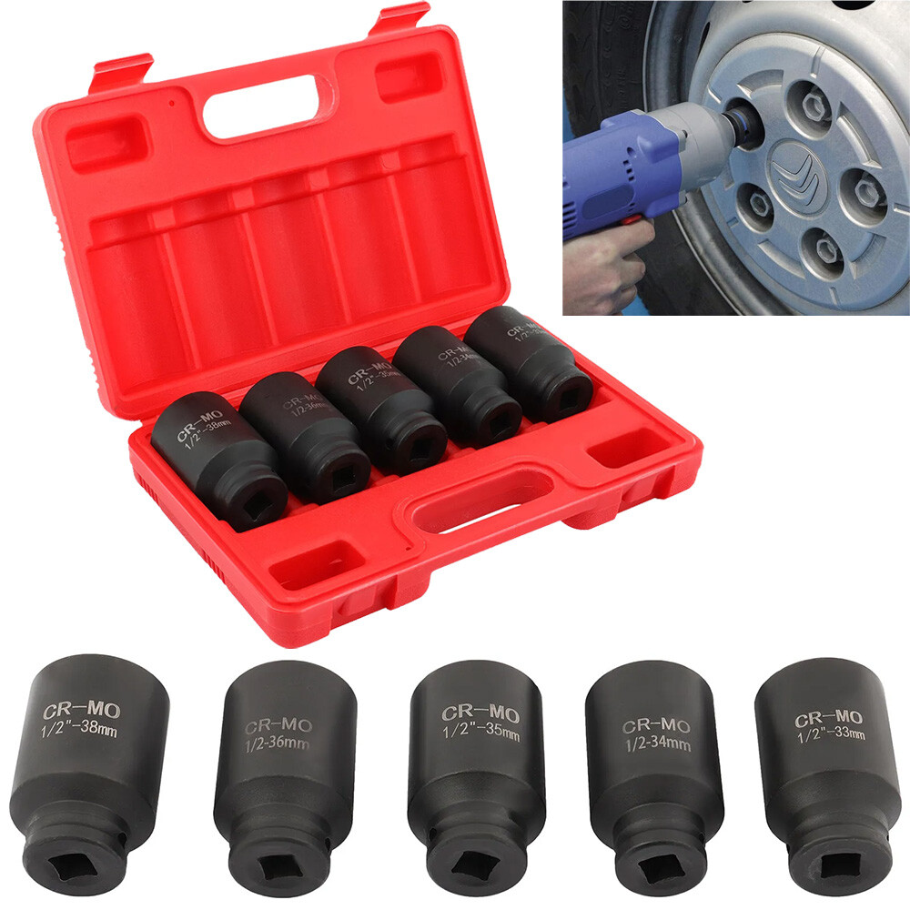 5Pcs 1/2″ Drive Deep Impact Axle Hub Socket Set 6 Point 33mm 34mm 35mm 36mm 38mm