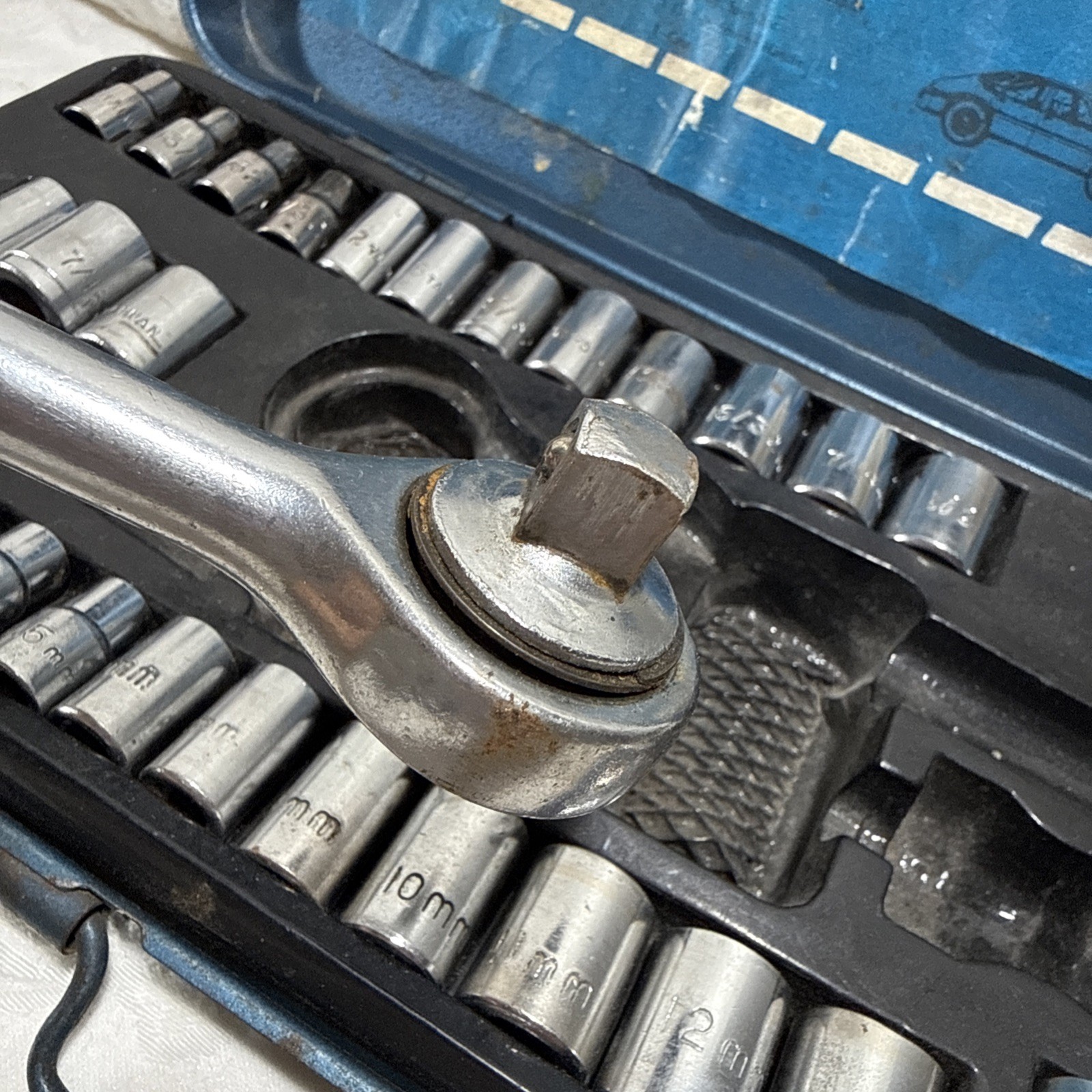 Vintage Blue Metal Case Combination Ratchet Socket Set 19 SAE 13 Metric *Read*