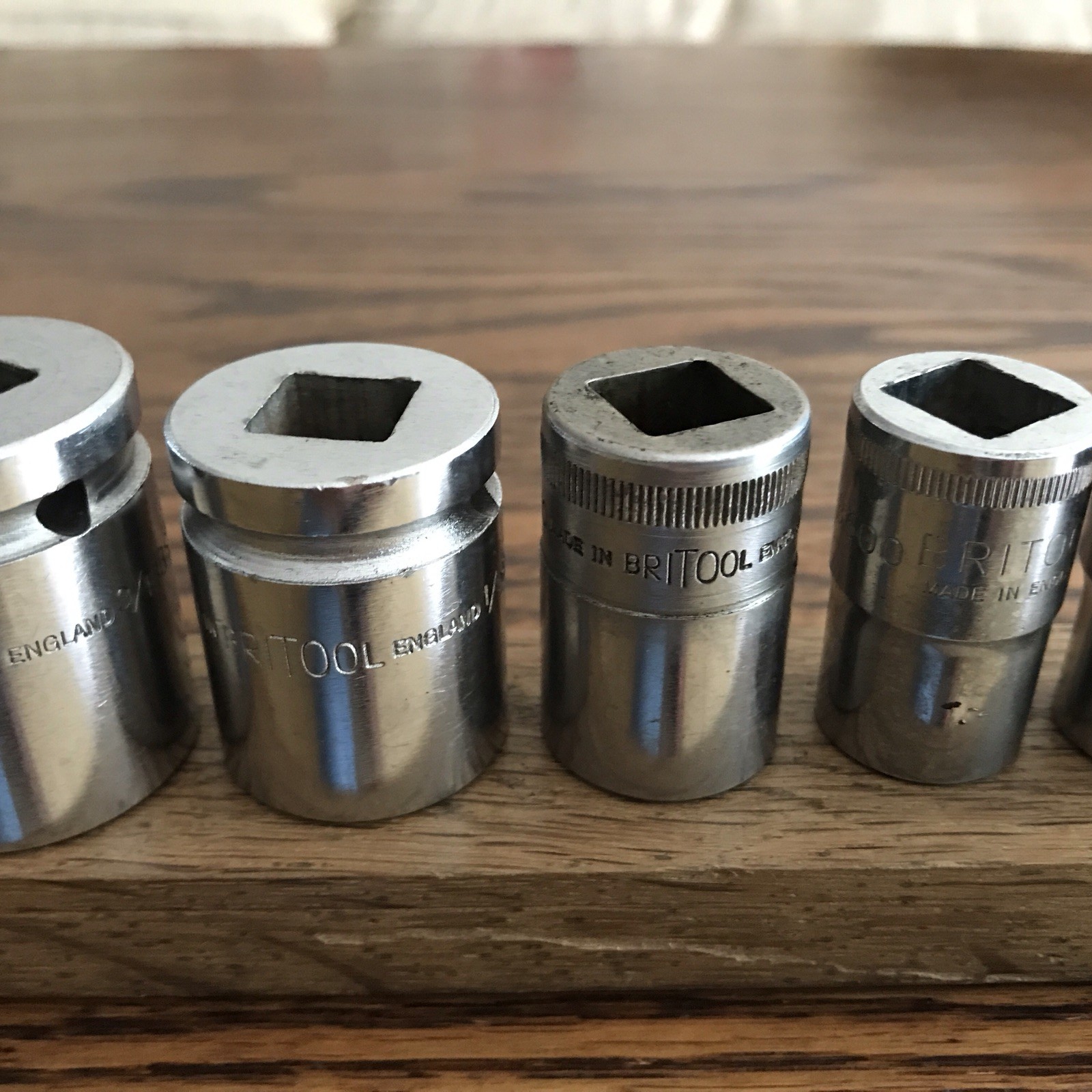 7 Vintage Britool Sockets 9/16”To 3/16”Whitworth With 1/2” Drive . C