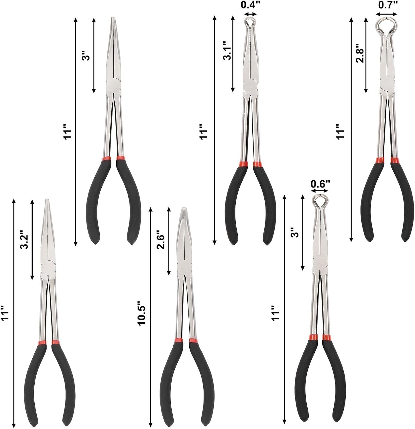 6PCS Extra Long Reach Pliers Set, 11″ Straight,45 and 90 Bent Nose, 5/16″, 1/2″