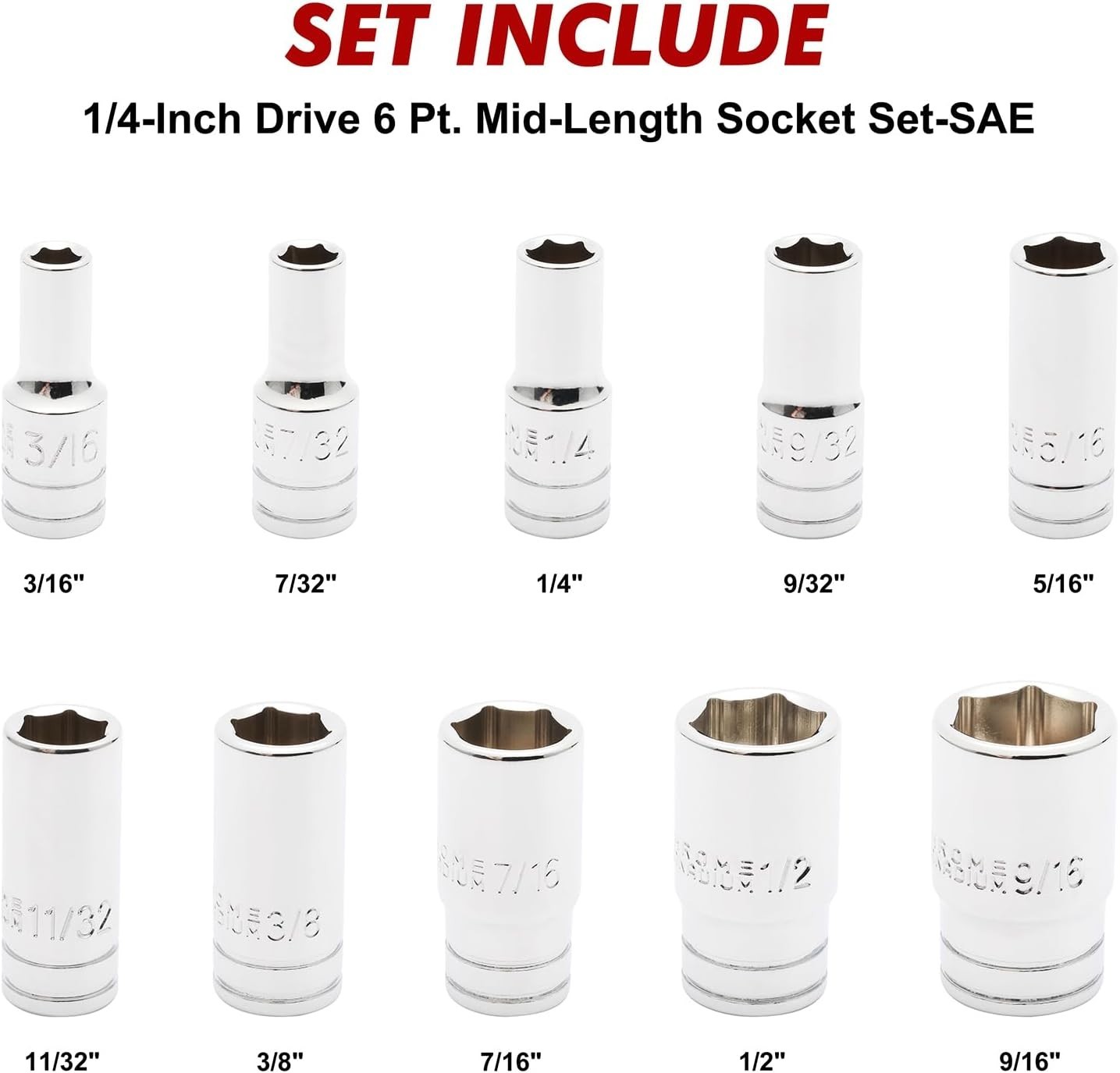 10PCS 1/4″Drive 6 Pt. Mid-Length Socket Set, SAE, 3/16″ to 9/16″, Mirror Chro…
