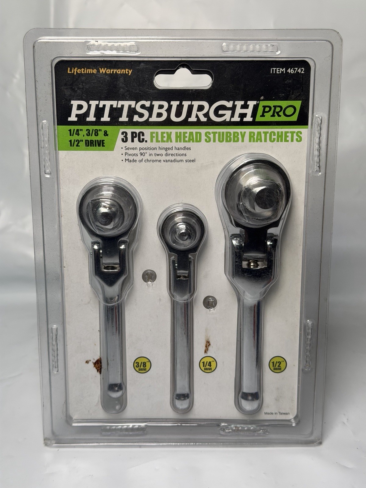 Pittsburgh Pro Flex Head Stubby 3 pc Ratchet Set 1/4, 3/8, 1/2” Drive Sealed NEW