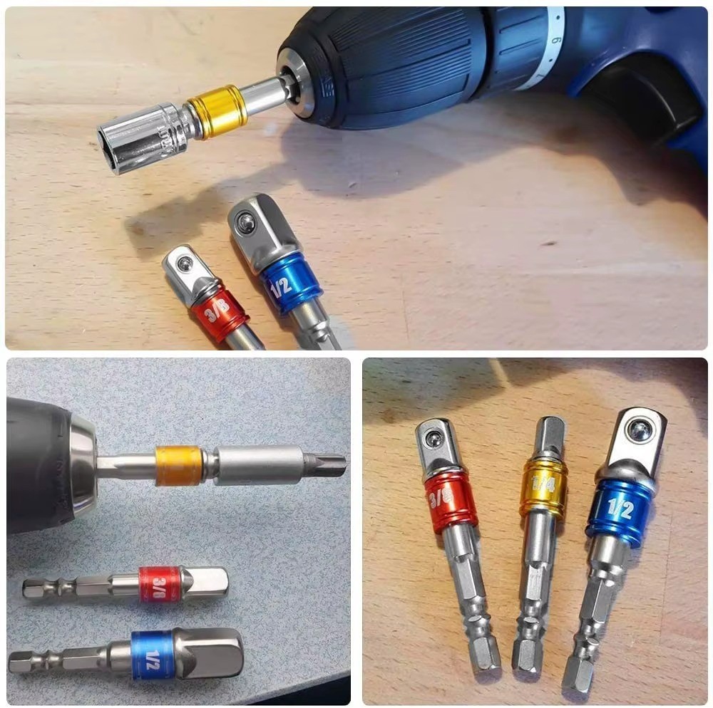 3PC 1/4″ HEX SHANK DRILL BIT TO 1/4 1/2 3/8 INCH SQUARE DRIVE SOCKET ADAPTOR SET