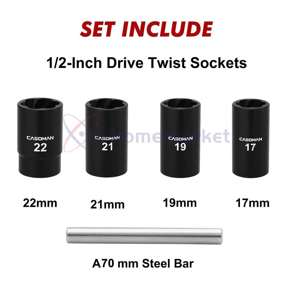 5Pcs Twist Socket 1/2” Drive For Wheel Lug Nut Damaged Removal and Extractor