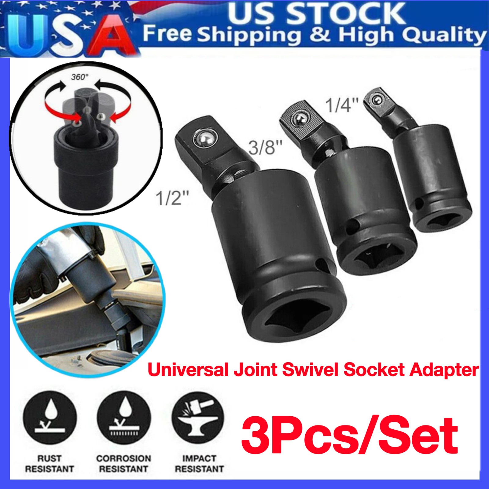 Set of 3 Universal Joint Swivel Socket Adapter Set 1/4″ 3/8″ 1/2″ Impact Joint