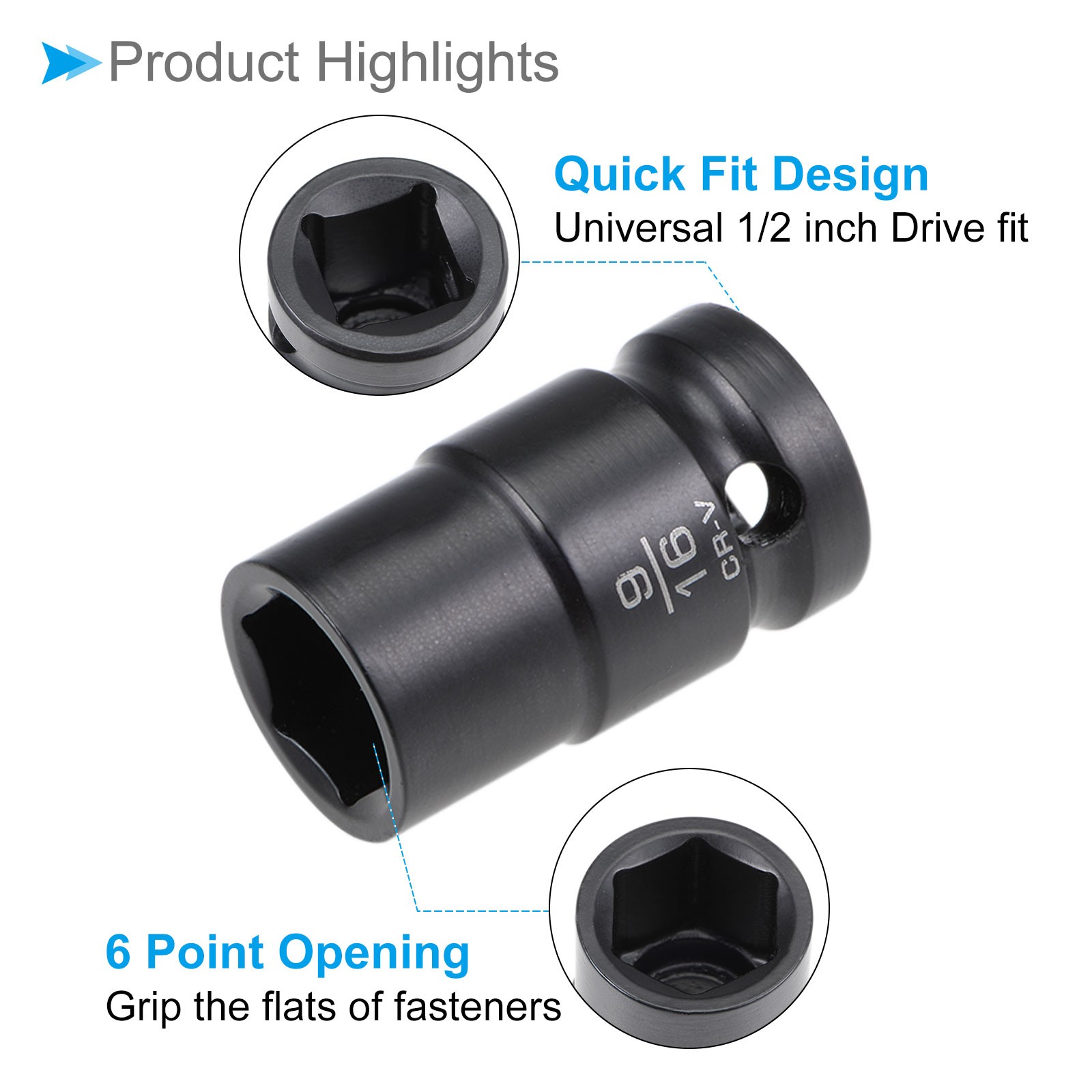 6-Point Shallow Impact Socket 1/2Inch Drive 9/16-inch Socket CR-V Axle Nut