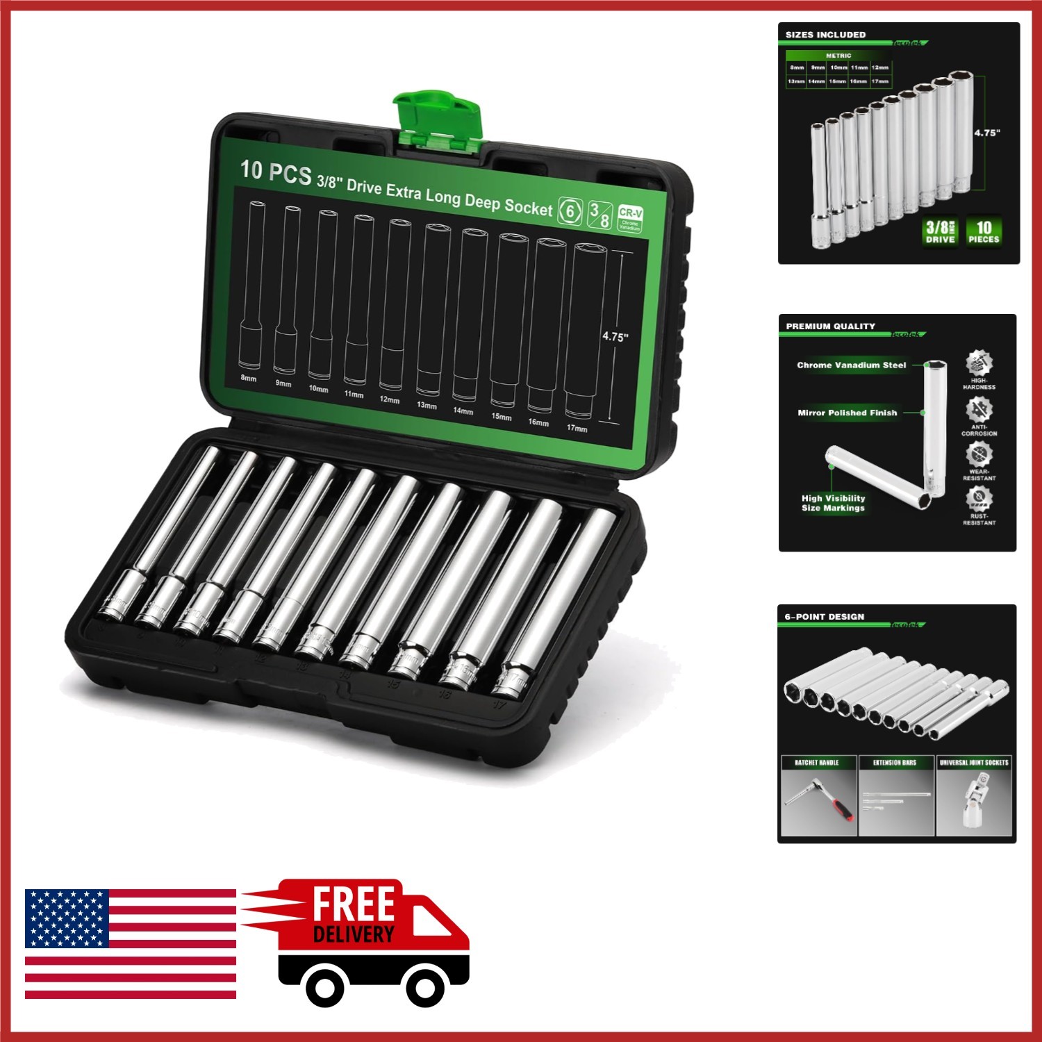 10PC 3/8-Inch Drive Socket Set Extra Deep 8mm to 17mm for Mechanics