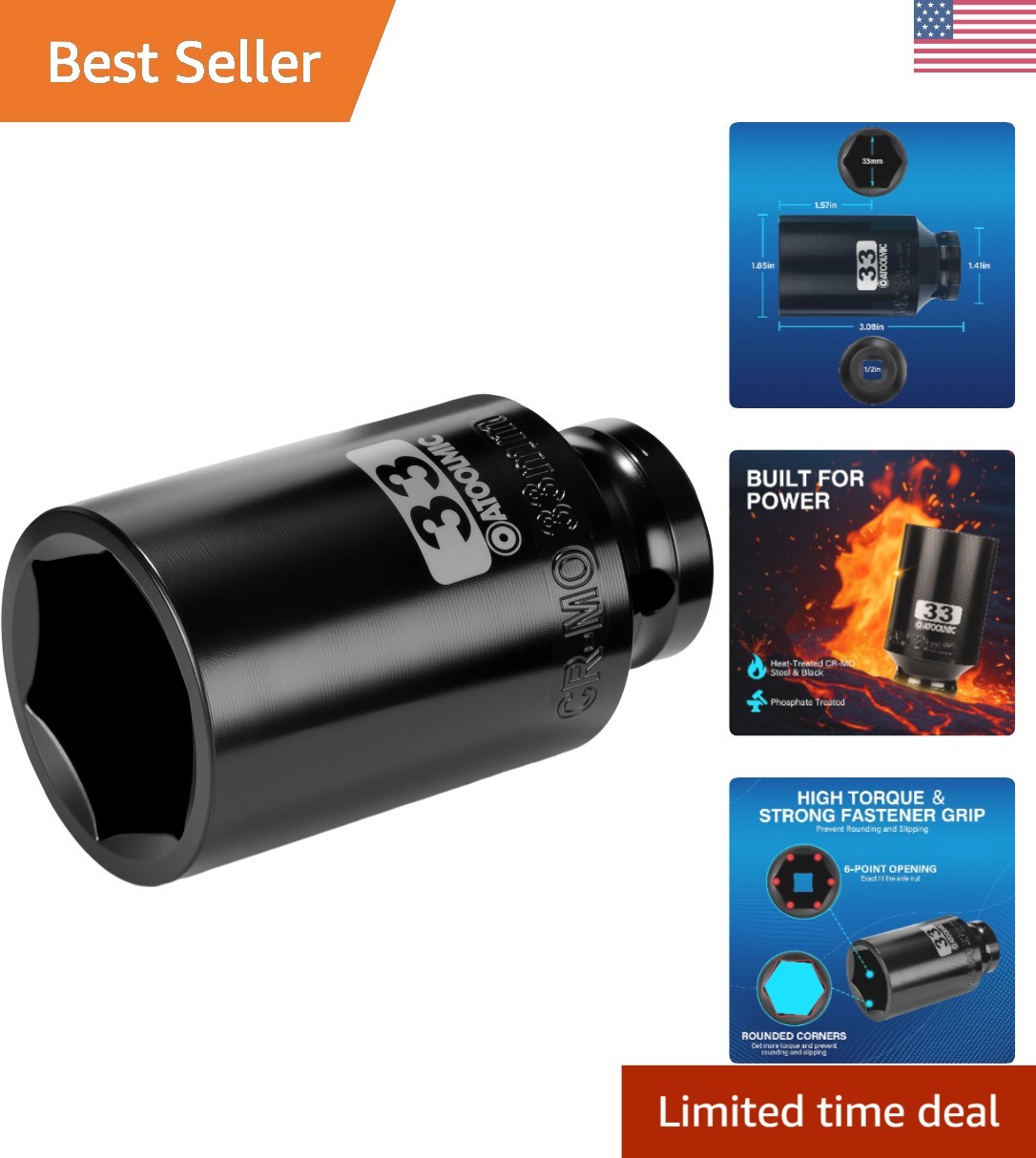High-Quality 33mm Deep Impact Socket – 1/2 Inch Drive with Anti-Slip Grip